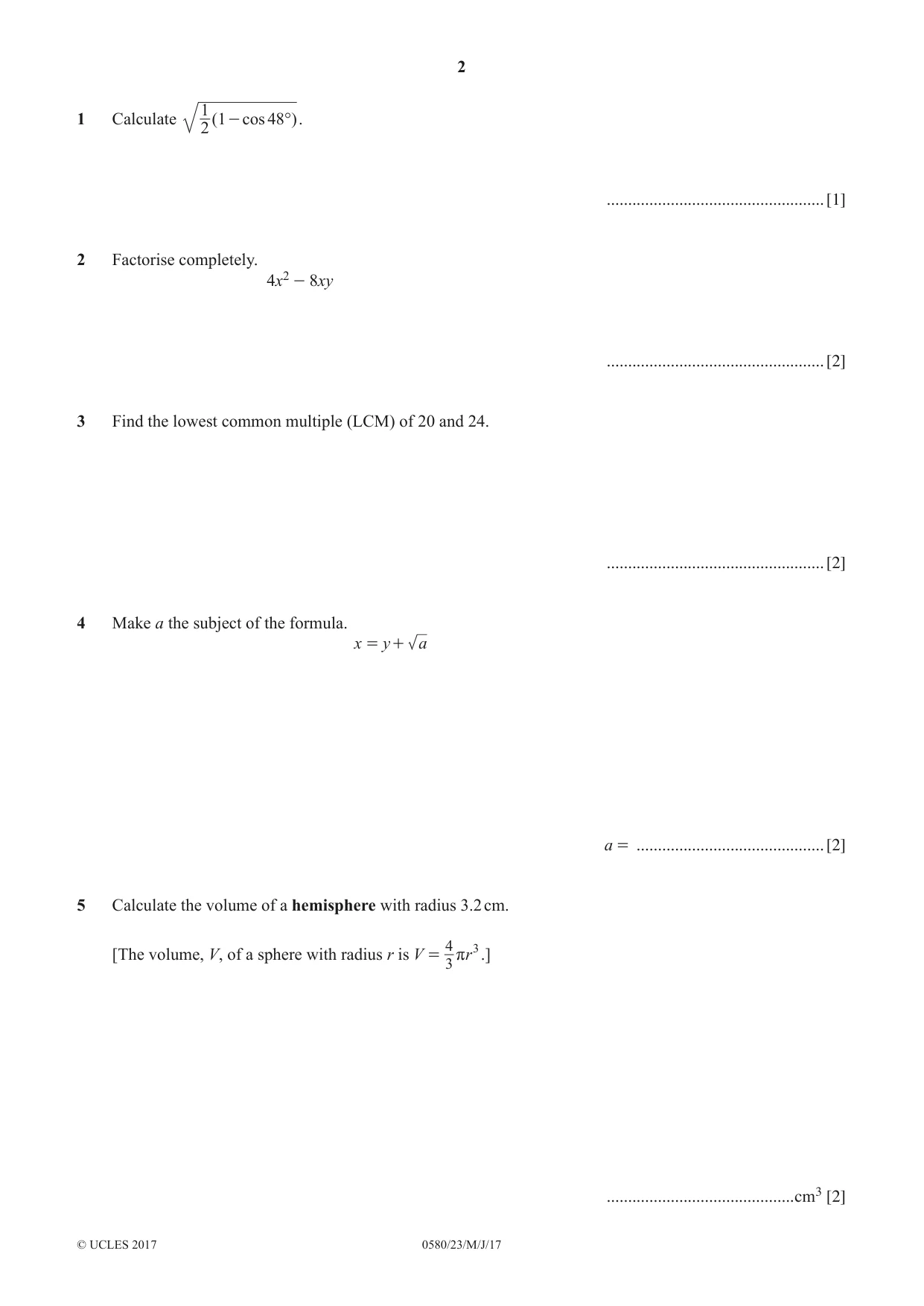 Cambridge IGCSE Mathematics 0580 2017 May/June Paper 2 · Variant 3 question paper, page 2 of 12