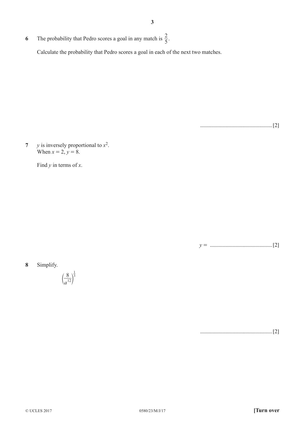 Cambridge IGCSE Mathematics 0580 2017 May/June Paper 2 · Variant 3 question paper, page 3 of 12