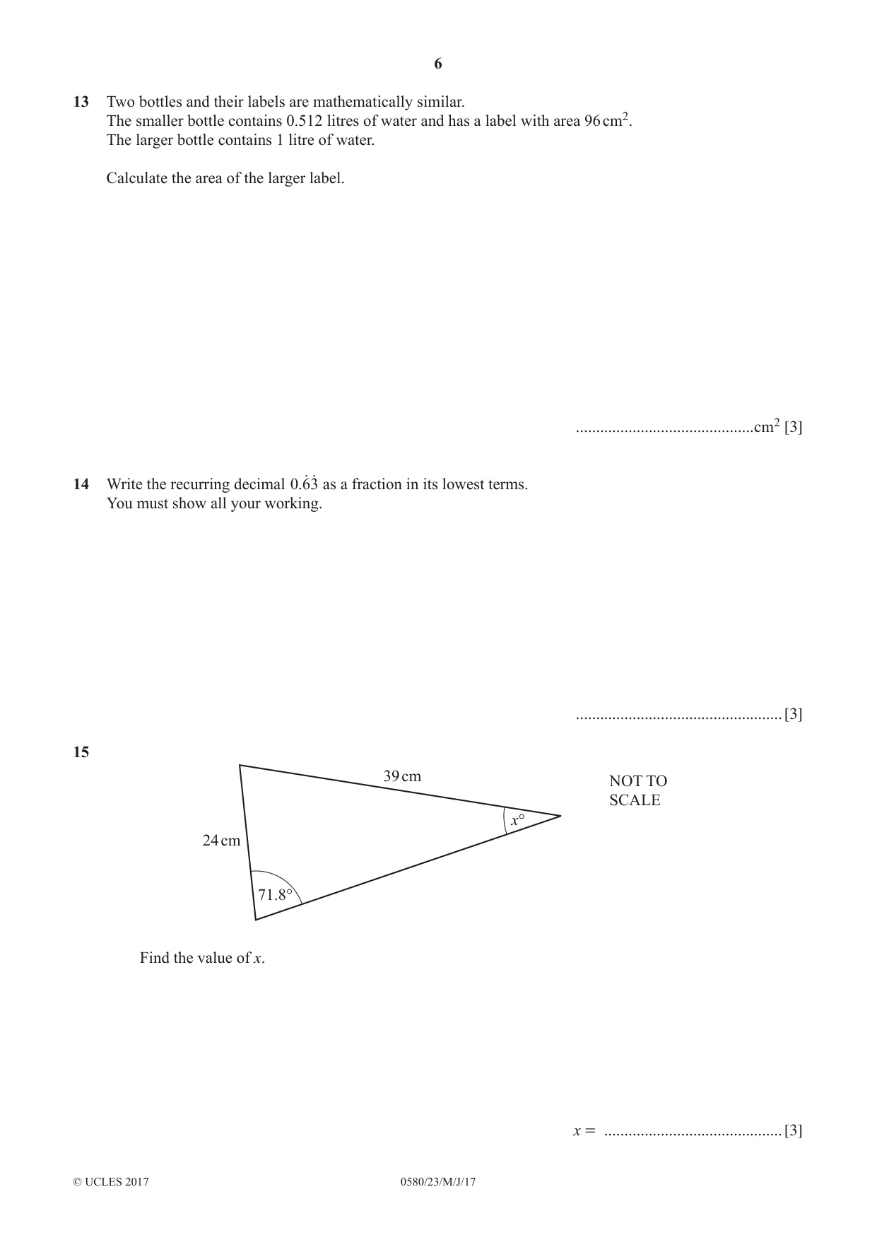 Cambridge IGCSE Mathematics 0580 2017 May/June Paper 2 · Variant 3 question paper, page 6 of 12