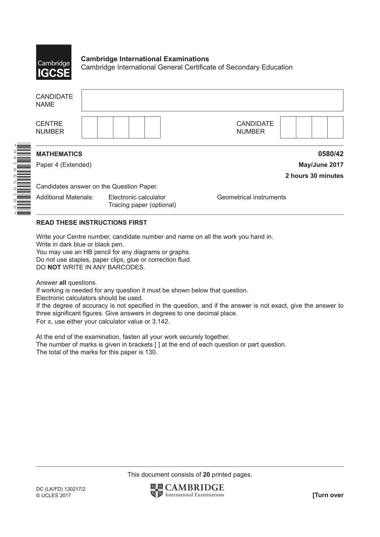 Cambridge IGCSE Mathematics 0580 2017 May/June Paper 4 · Variant 2 question paper, page 1 of 20