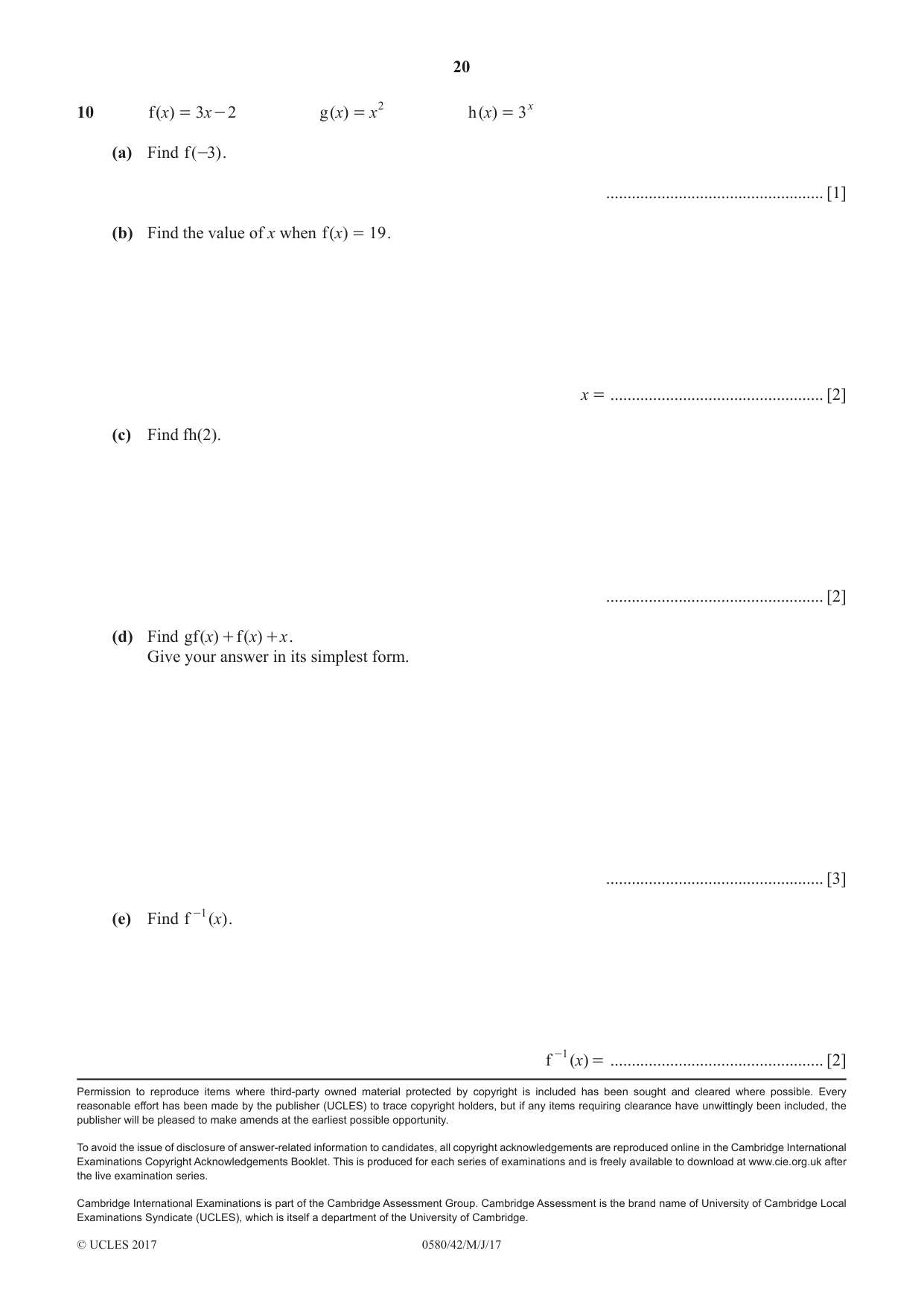 Cambridge IGCSE Mathematics 0580 2017 May/June Paper 4 · Variant 2 question paper, page 20 of 20
