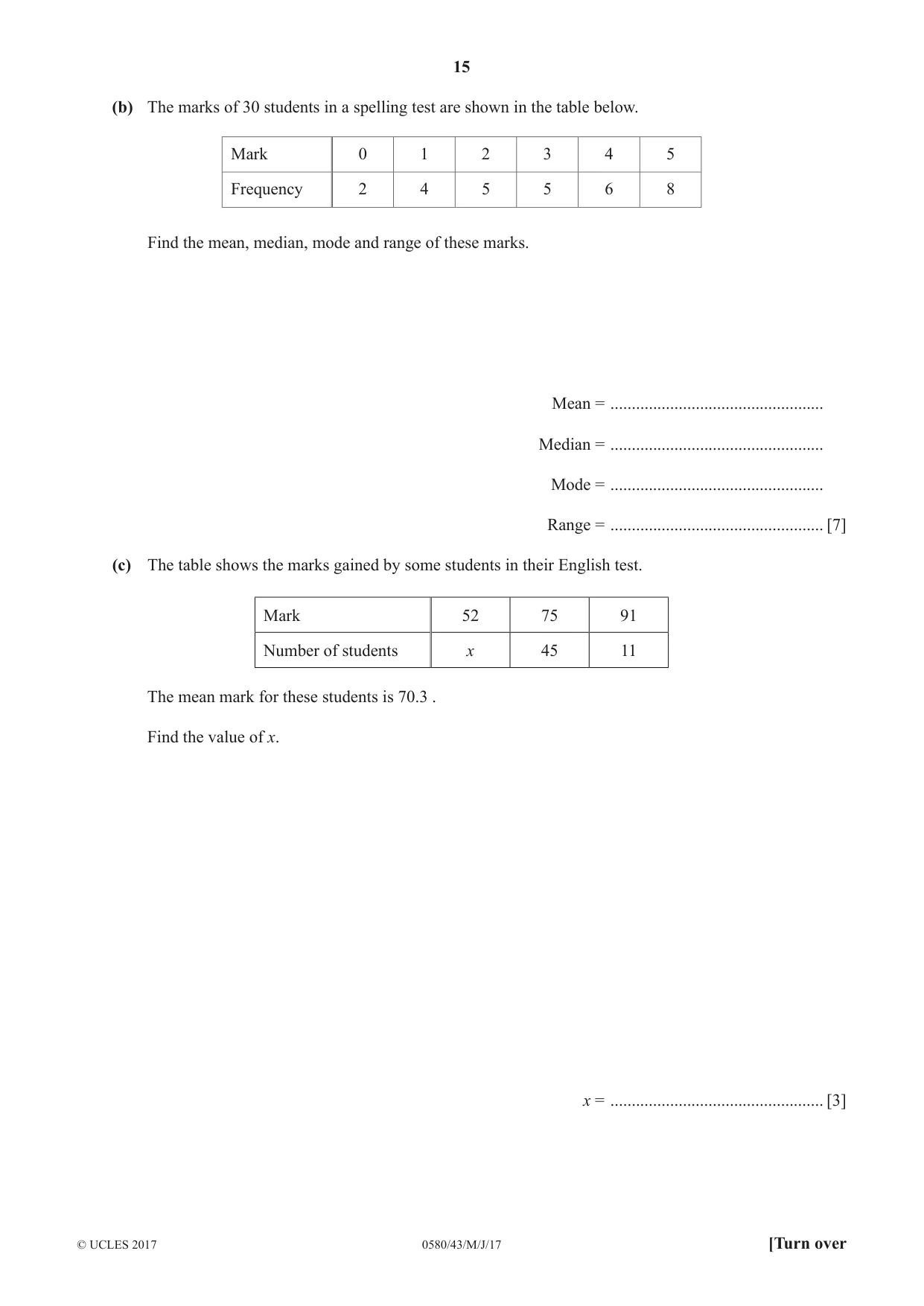 Cambridge IGCSE Mathematics 0580 2017 May/June Paper 4 · Variant 3 question paper, page 15 of 20