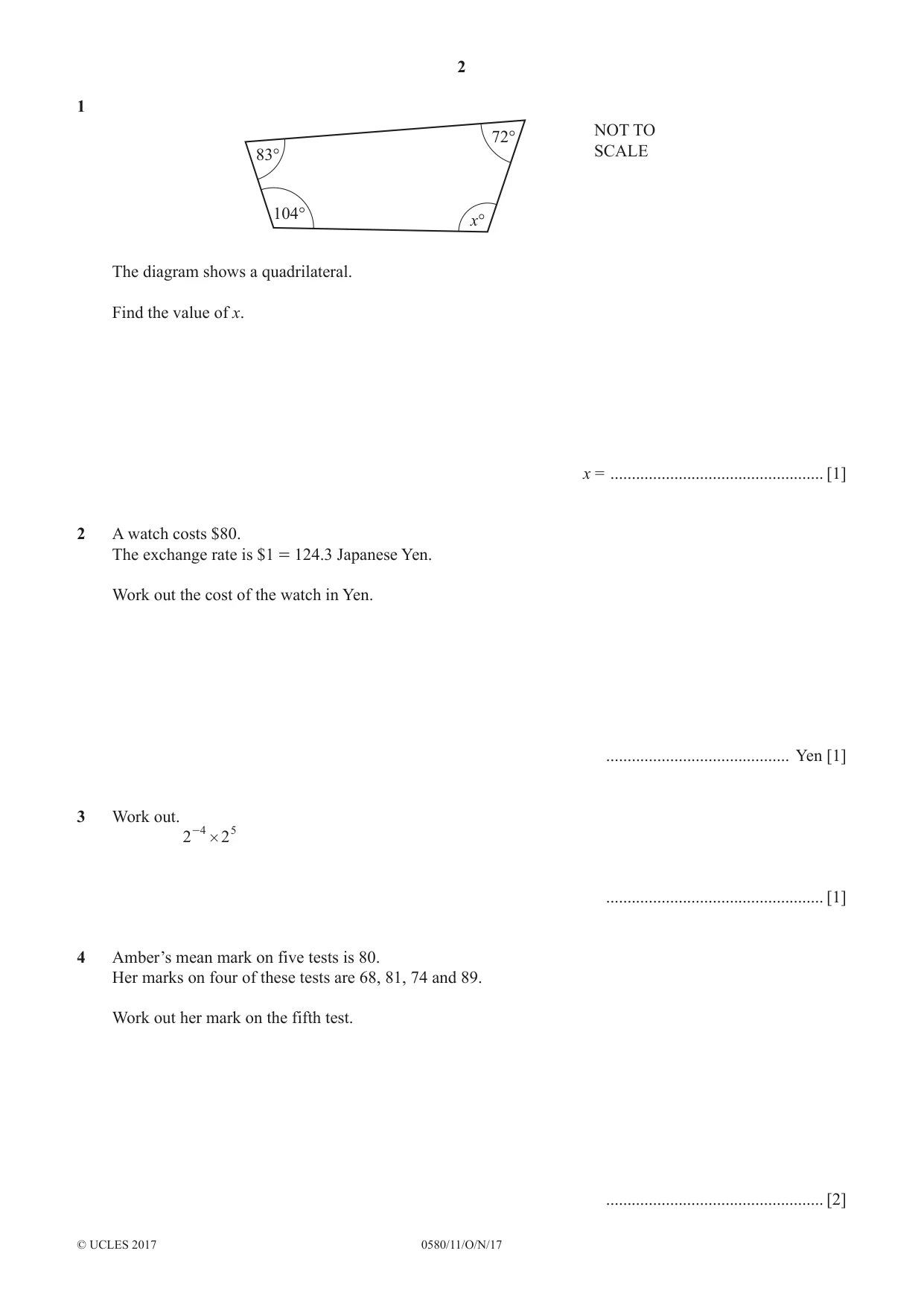Cambridge IGCSE Mathematics 0580 2017 Oct/Nov Paper 1 · Variant 1 question paper, page 2 of 12