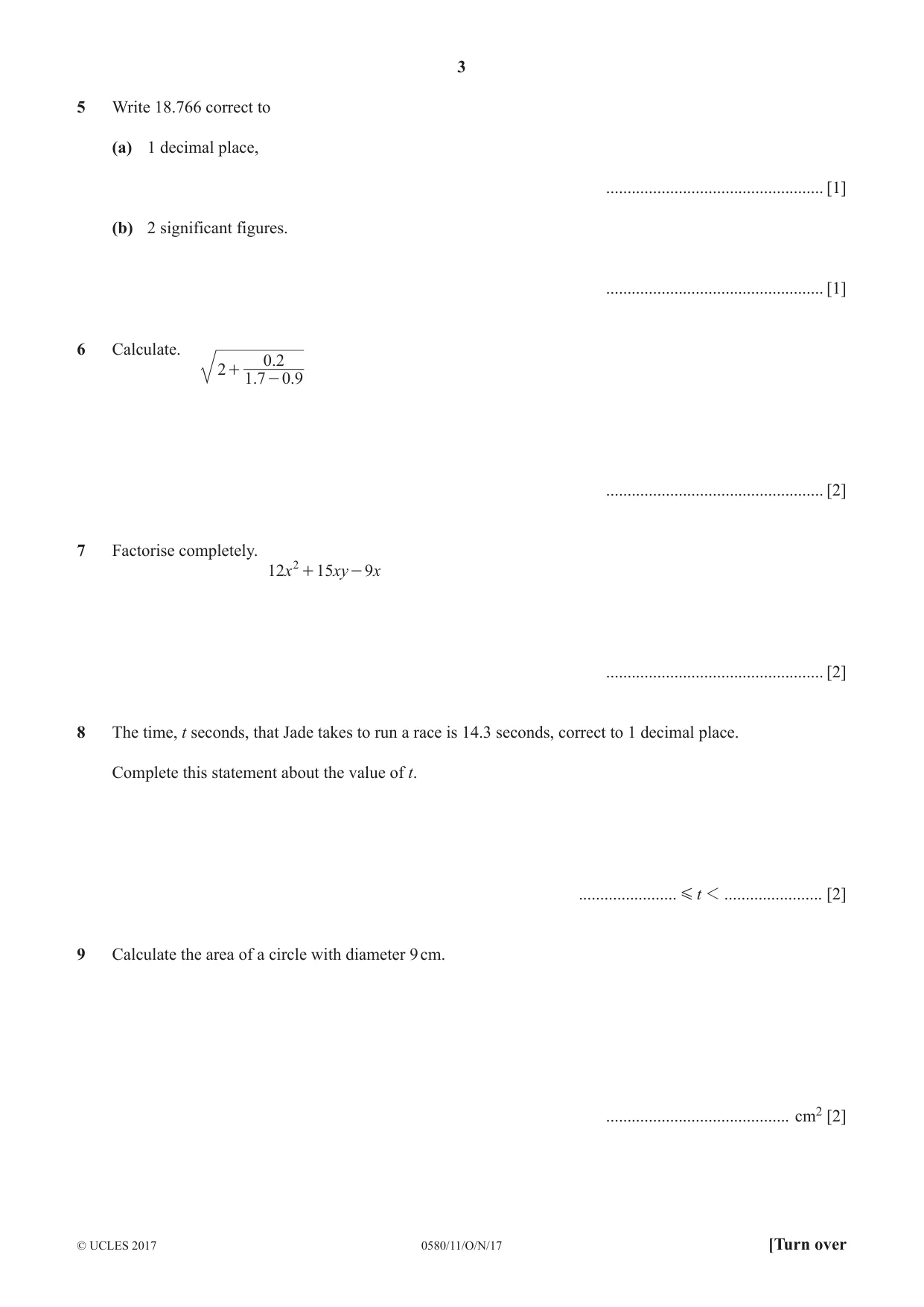 Cambridge IGCSE Mathematics 0580 2017 Oct/Nov Paper 1 · Variant 1 question paper, page 3 of 12