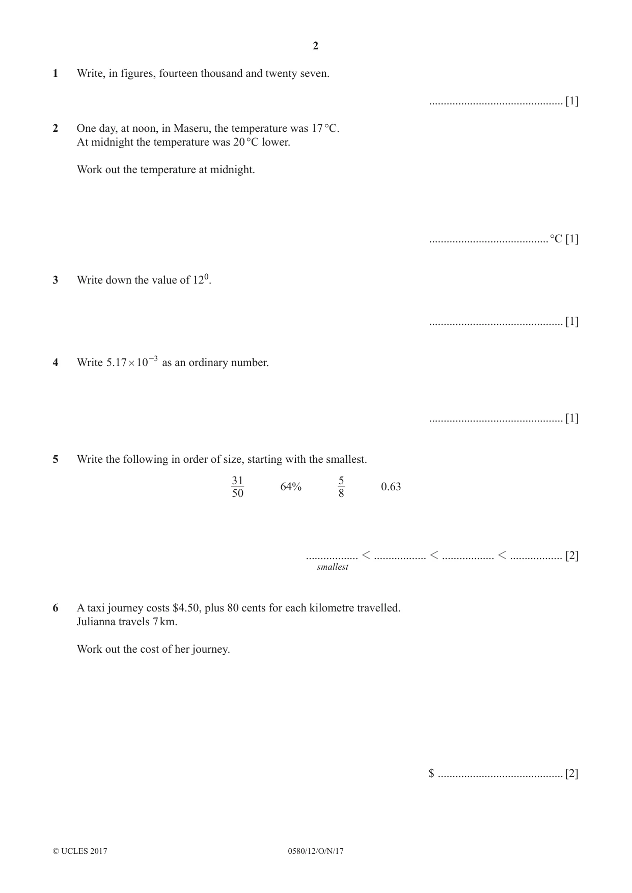 Cambridge IGCSE Mathematics 0580 2017 Oct/Nov Paper 1 · Variant 2 question paper, page 2 of 12