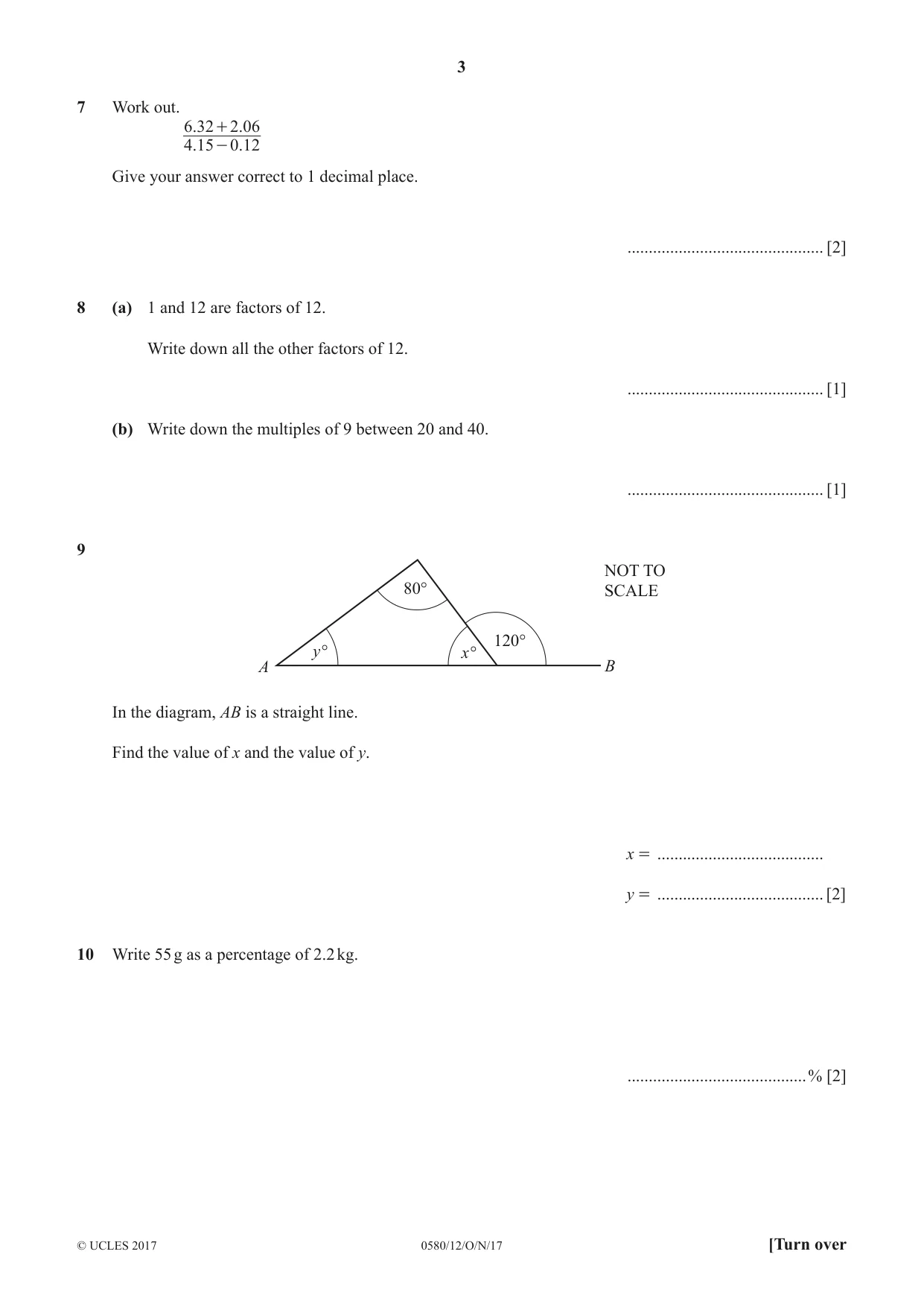 Cambridge IGCSE Mathematics 0580 2017 Oct/Nov Paper 1 · Variant 2 question paper, page 3 of 12