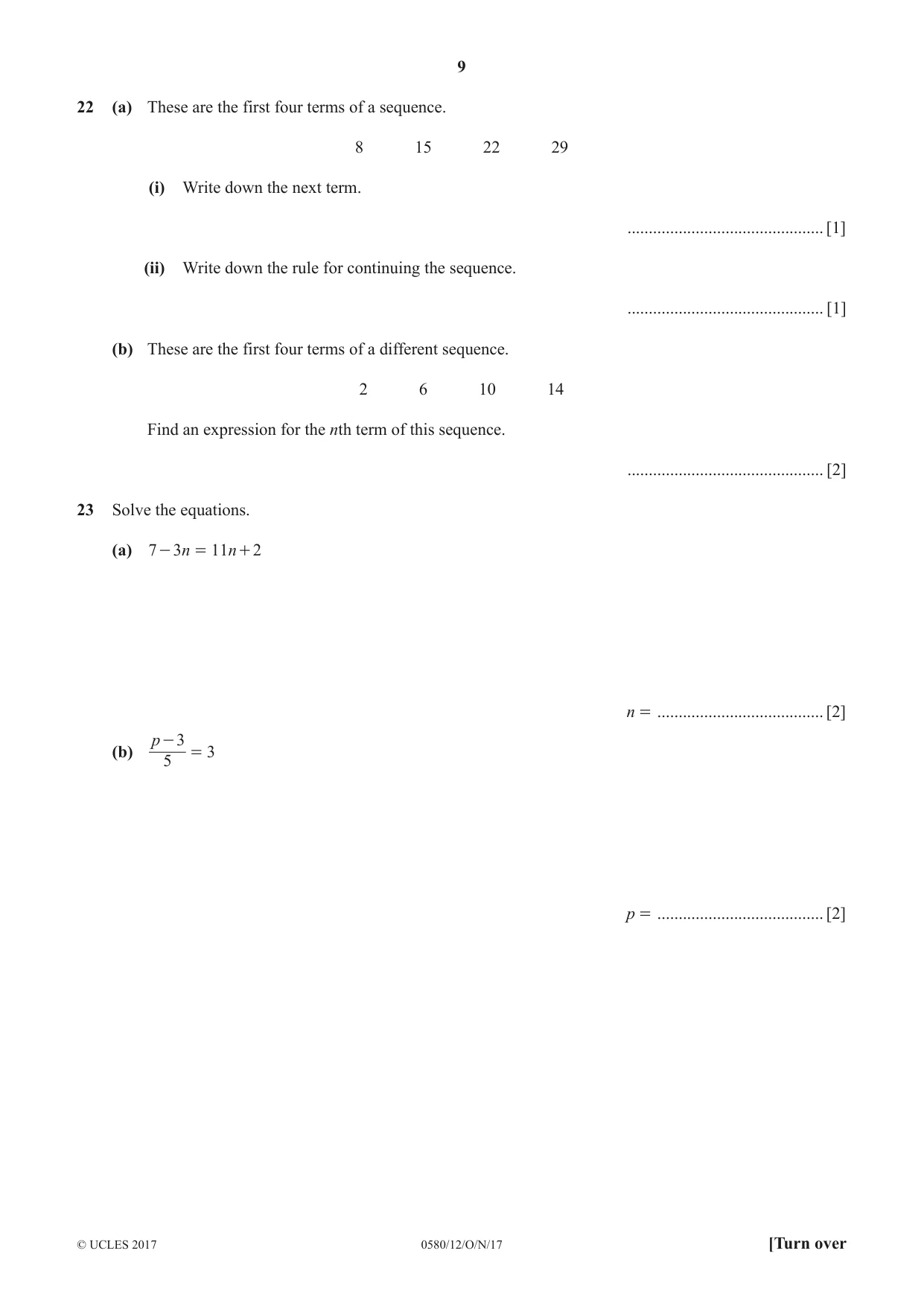 Cambridge IGCSE Mathematics 0580 2017 Oct/Nov Paper 1 · Variant 2 question paper, page 9 of 12