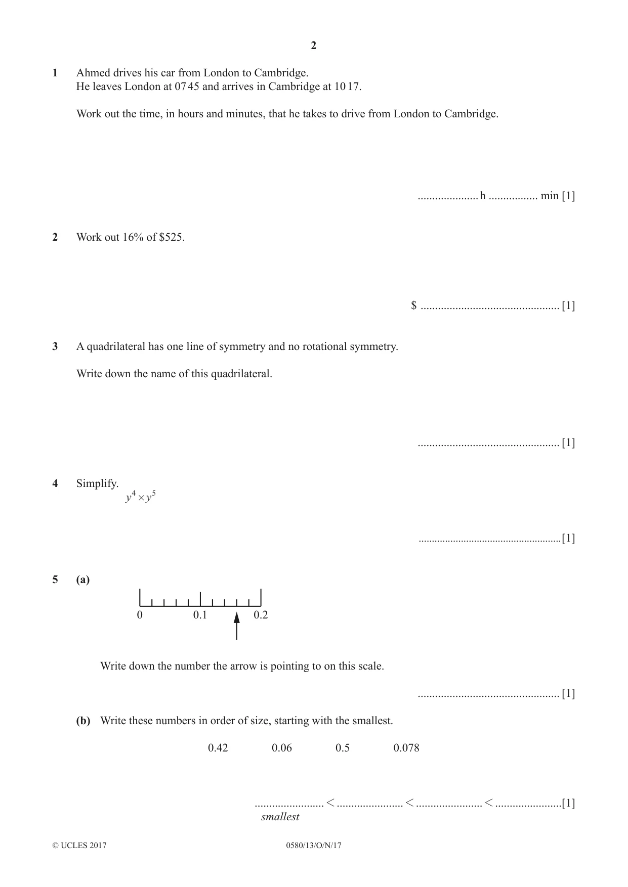 Cambridge IGCSE Mathematics 0580 2017 Oct/Nov Paper 1 · Variant 3 question paper, page 2 of 12