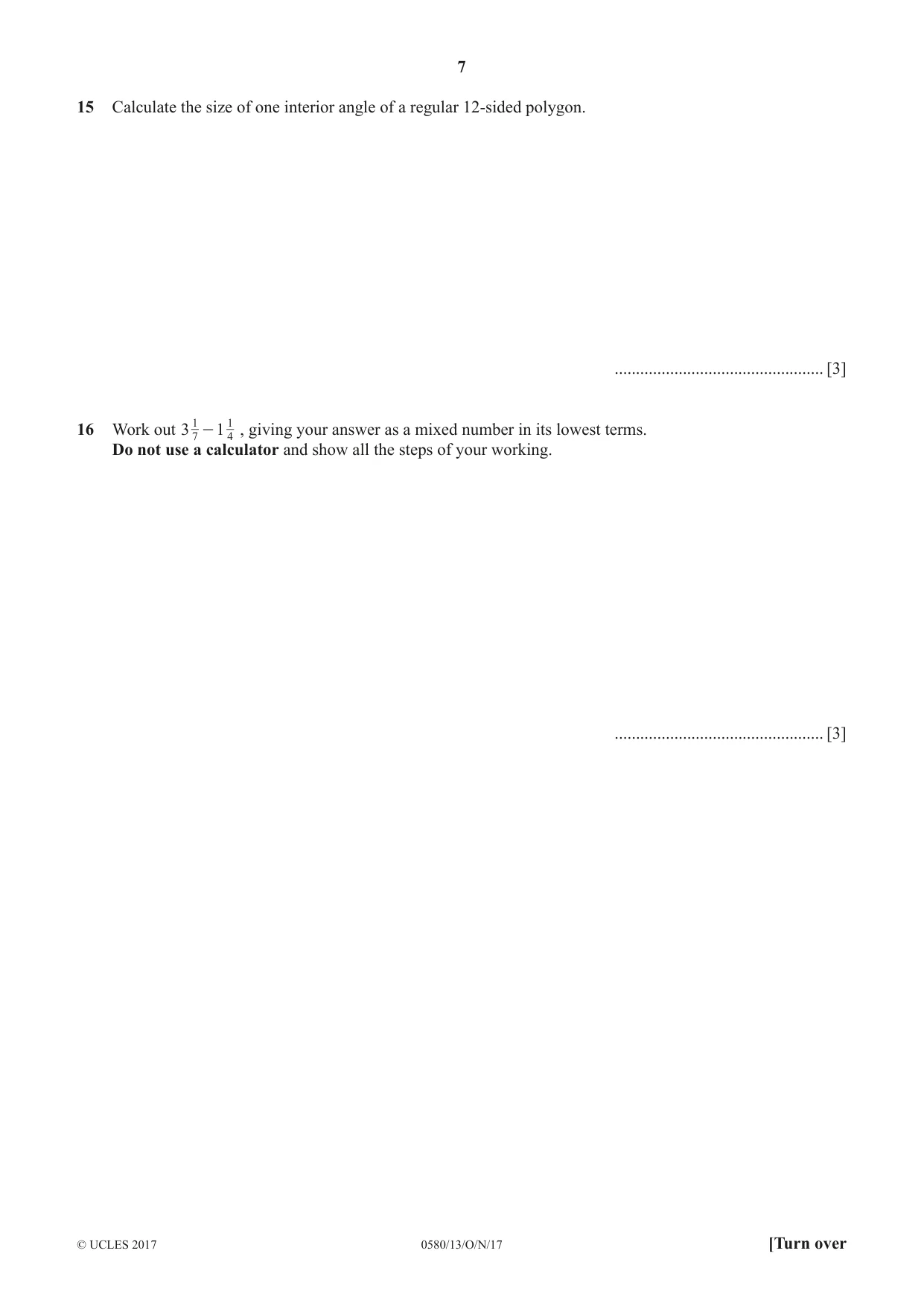 Cambridge IGCSE Mathematics 0580 2017 Oct/Nov Paper 1 · Variant 3 question paper, page 7 of 12