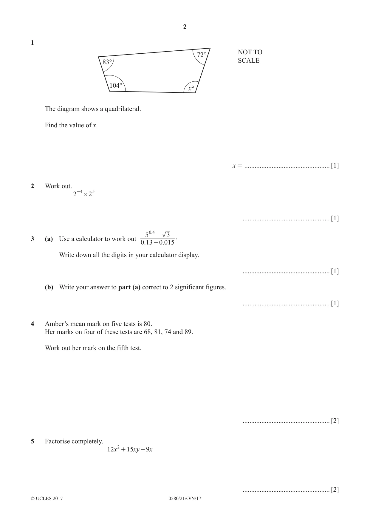 Cambridge IGCSE Mathematics 0580 2017 Oct/Nov Paper 2 · Variant 1 question paper, page 2 of 12
