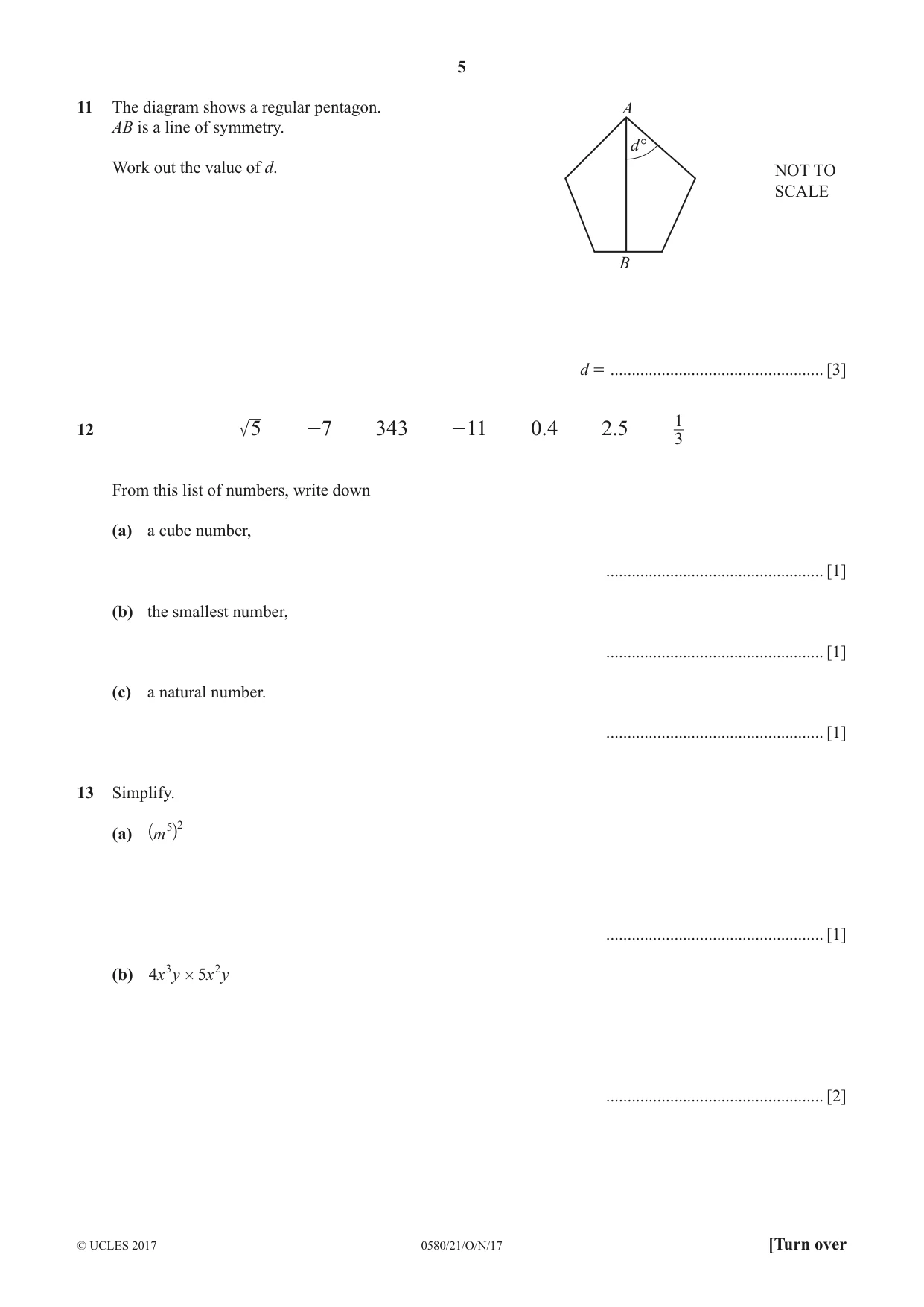 Cambridge IGCSE Mathematics 0580 2017 Oct/Nov Paper 2 · Variant 1 question paper, page 5 of 12