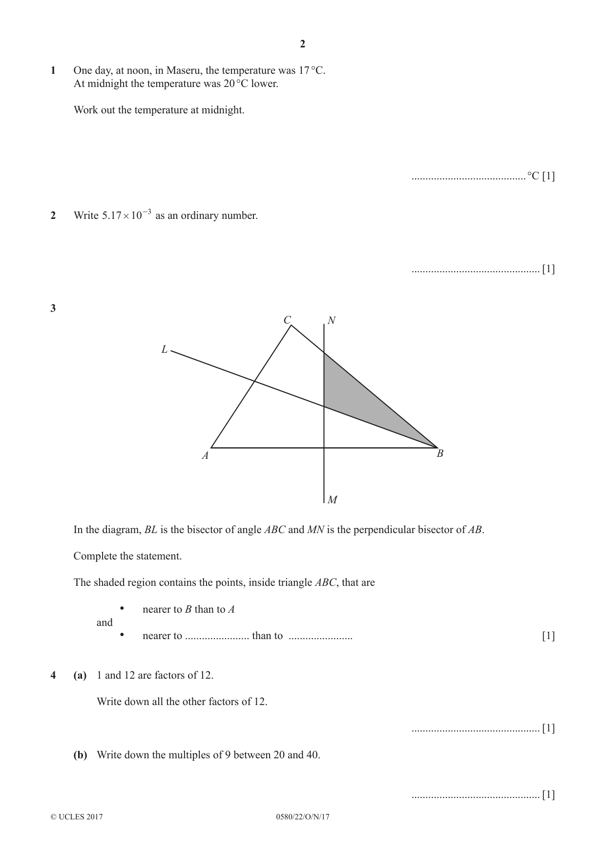 Cambridge IGCSE Mathematics 0580 2017 Oct/Nov Paper 2 · Variant 2 question paper, page 2 of 12