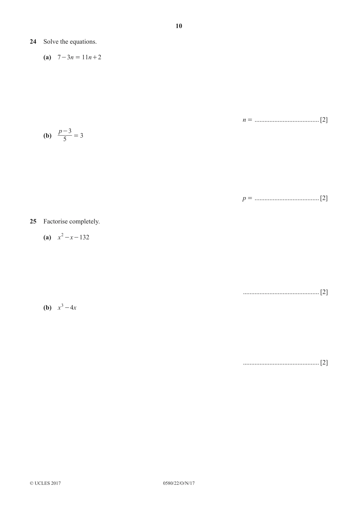 Cambridge IGCSE Mathematics 0580 2017 Oct/Nov Paper 2 · Variant 2 question paper, page 10 of 12