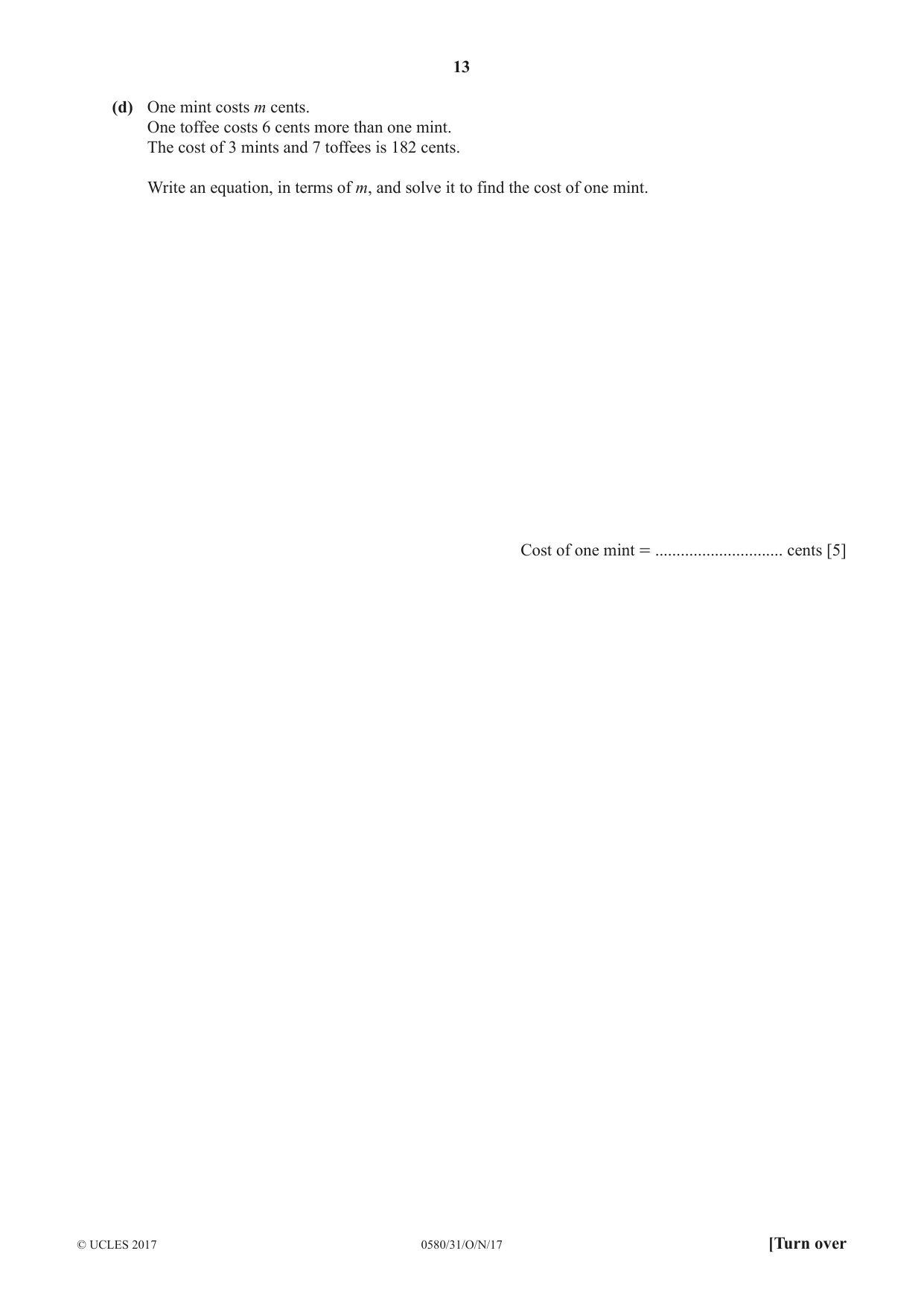Cambridge IGCSE Mathematics 0580 2017 Oct/Nov Paper 3 · Variant 1 question paper, page 13 of 16