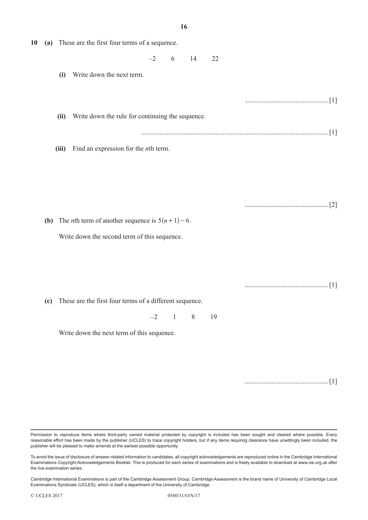 Cambridge IGCSE Mathematics 0580 2017 Oct/Nov Paper 3 · Variant 1 question paper, page 16 of 16