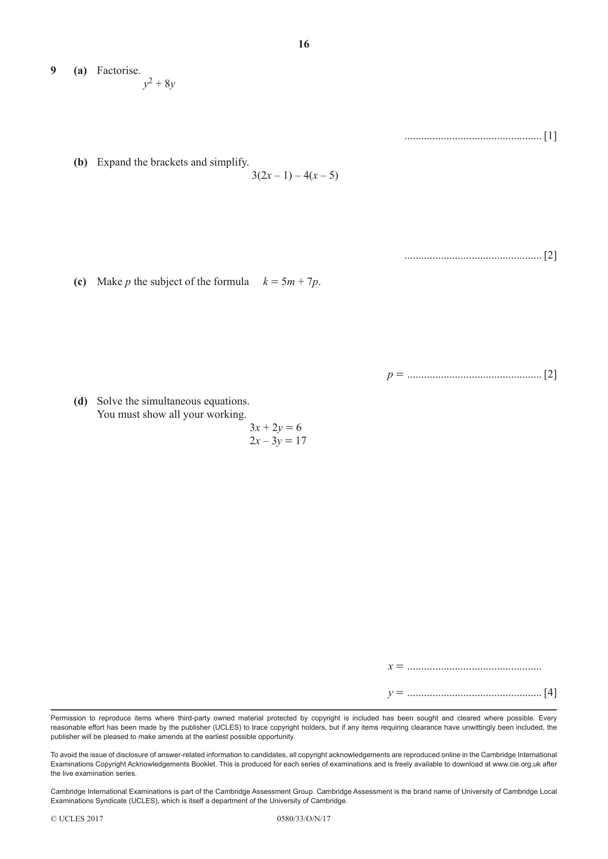 Cambridge IGCSE Mathematics 0580 2017 Oct/Nov Paper 3 · Variant 3 question paper, page 16 of 16