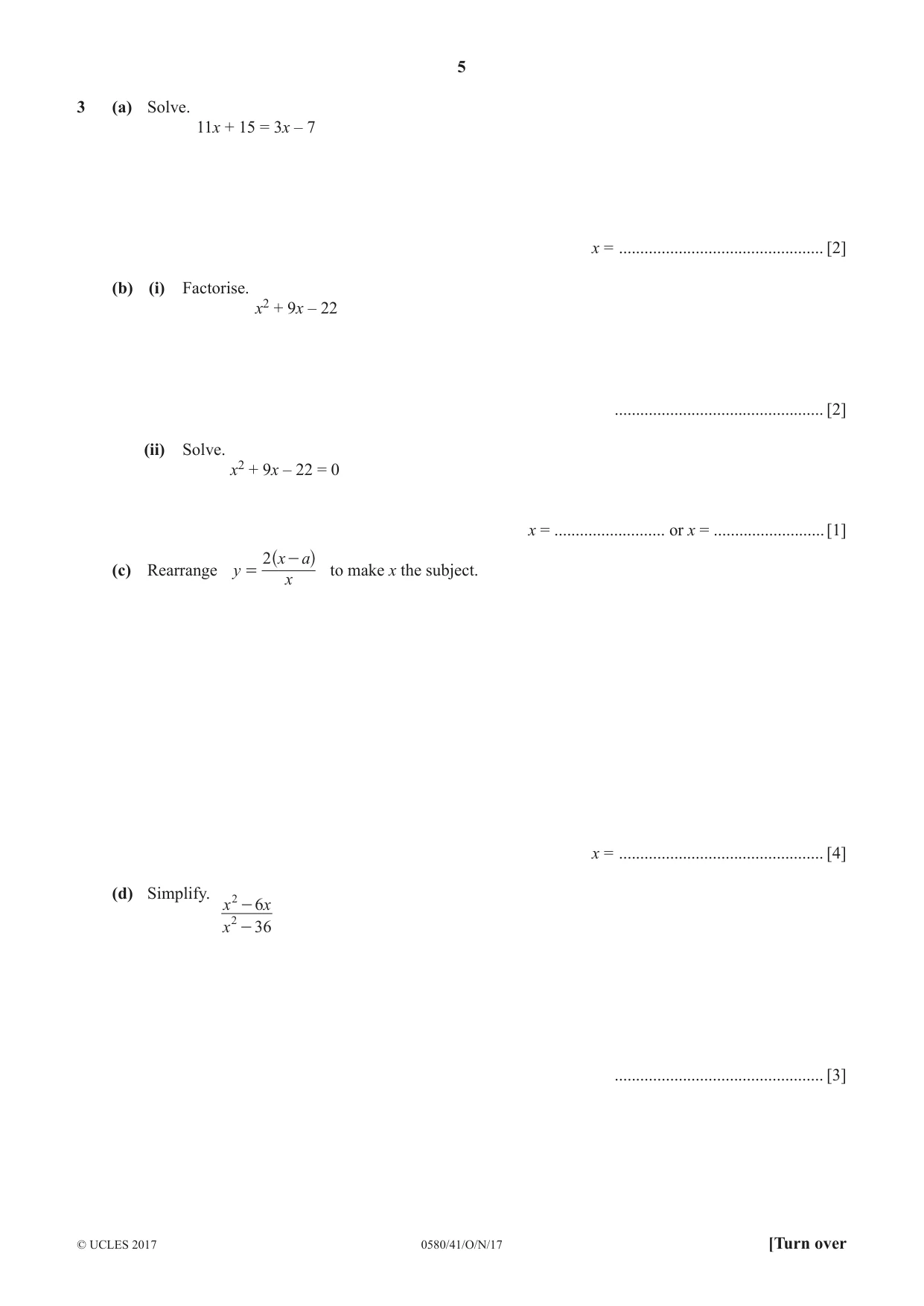 Cambridge IGCSE Mathematics 0580 2017 Oct/Nov Paper 4 · Variant 1 question paper, page 5 of 20