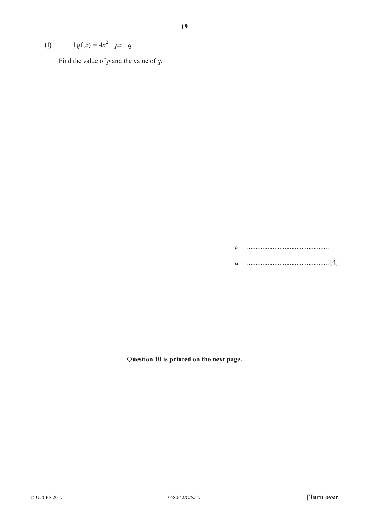 Cambridge IGCSE Mathematics 0580 2017 Oct/Nov Paper 4 · Variant 2 question paper, page 19 of 20