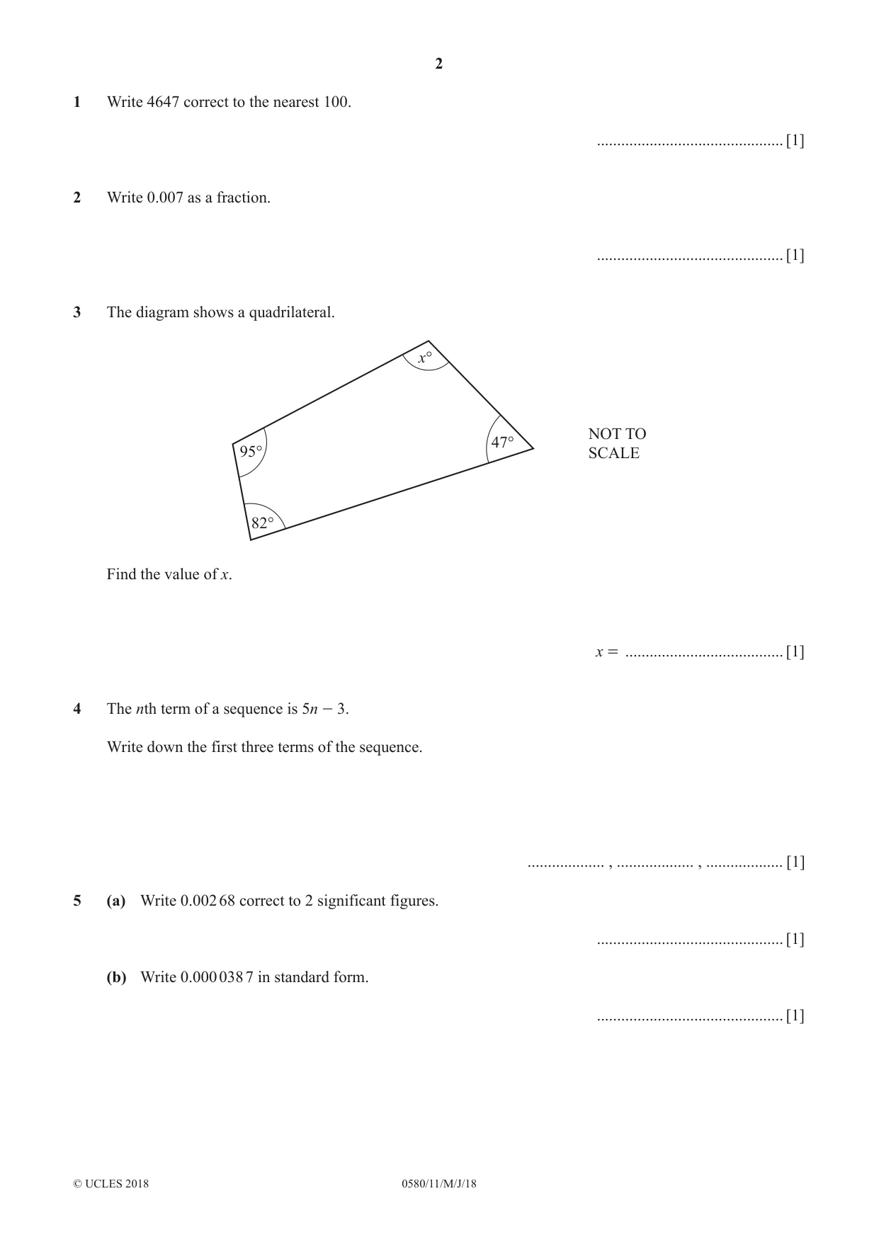Cambridge IGCSE Mathematics 0580 2018 May/June Paper 1 · Variant 1 question paper, page 2 of 12