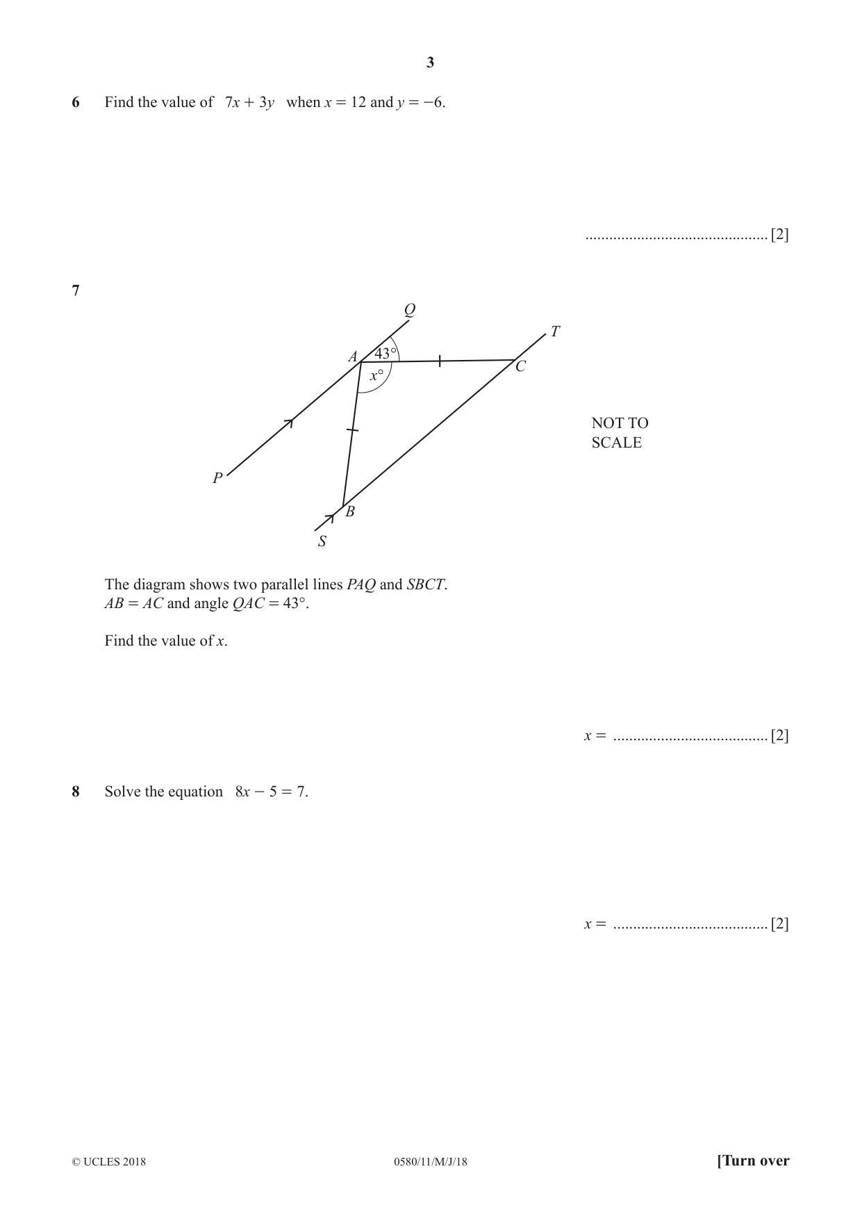 Cambridge IGCSE Mathematics 0580 2018 May/June Paper 1 · Variant 1 question paper, page 3 of 12