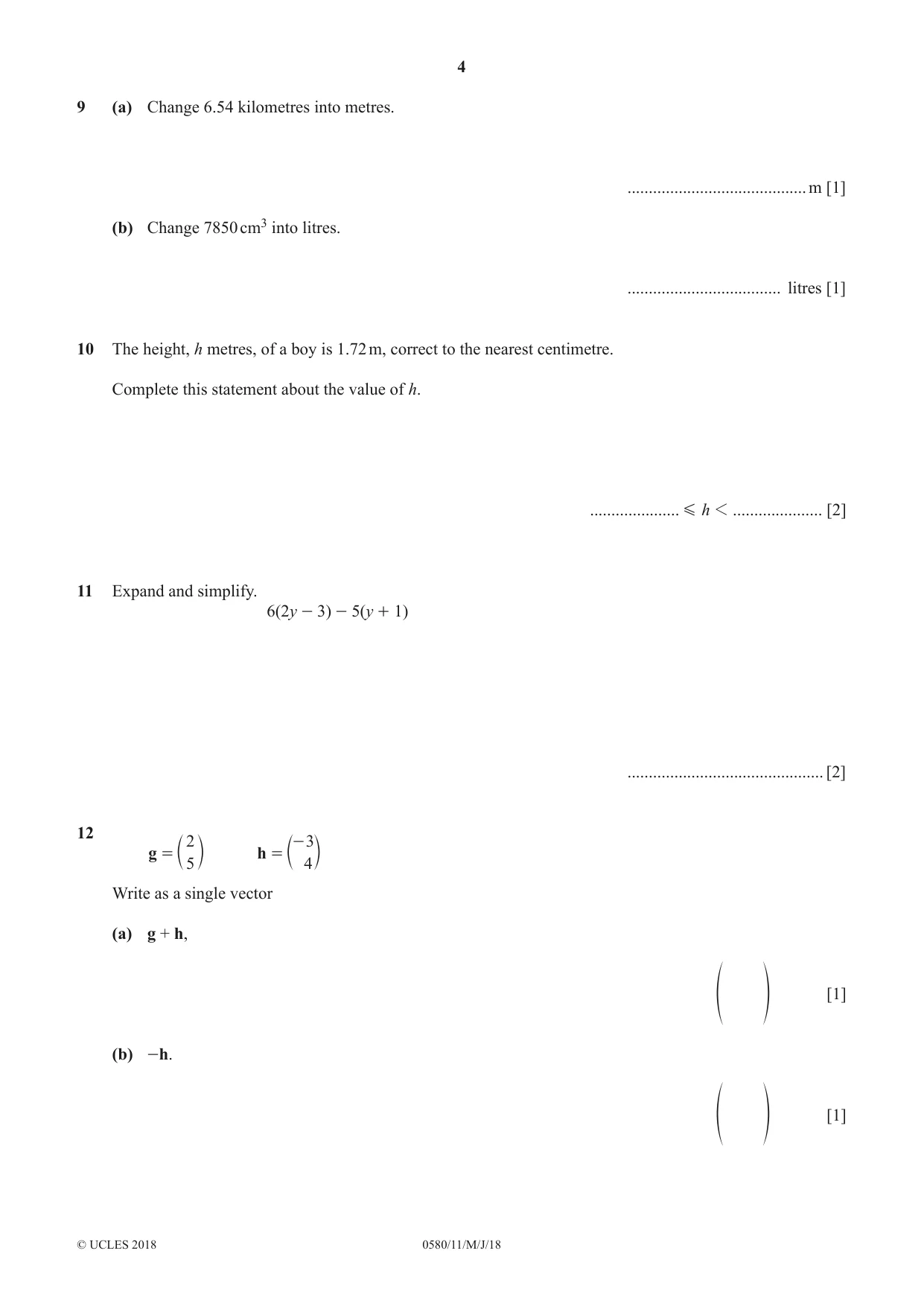 Cambridge IGCSE Mathematics 0580 2018 May/June Paper 1 · Variant 1 question paper, page 4 of 12
