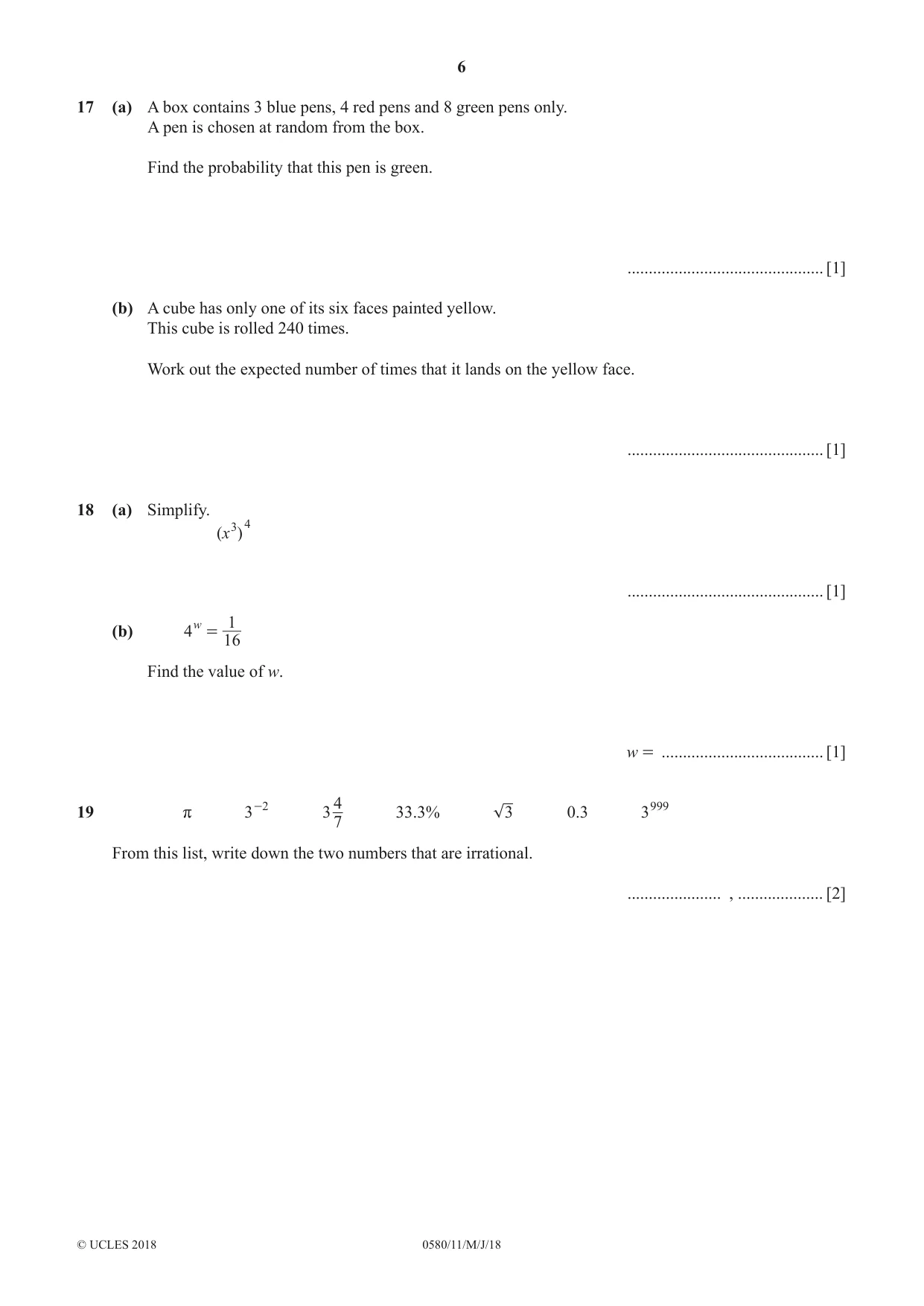 Cambridge IGCSE Mathematics 0580 2018 May/June Paper 1 · Variant 1 question paper, page 6 of 12