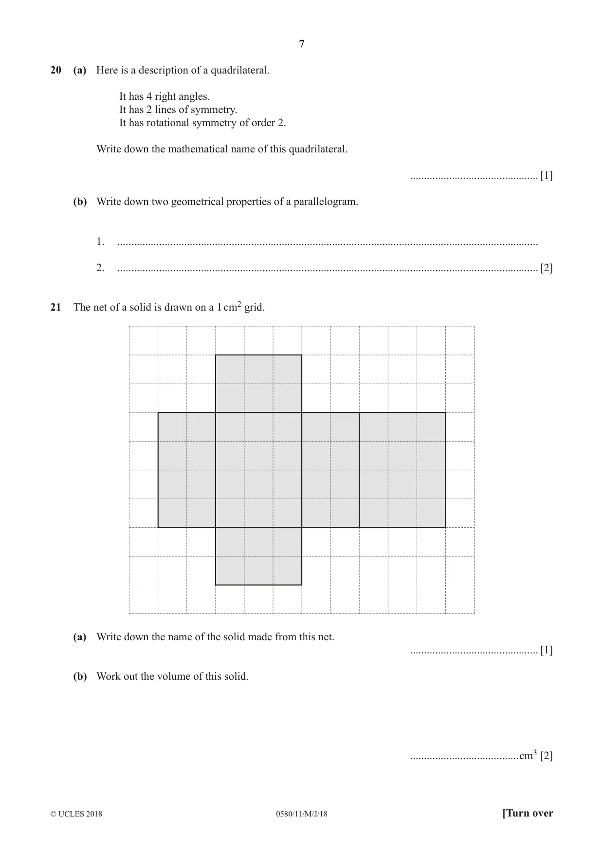 Cambridge IGCSE Mathematics 0580 2018 May/June Paper 1 · Variant 1 question paper, page 7 of 12