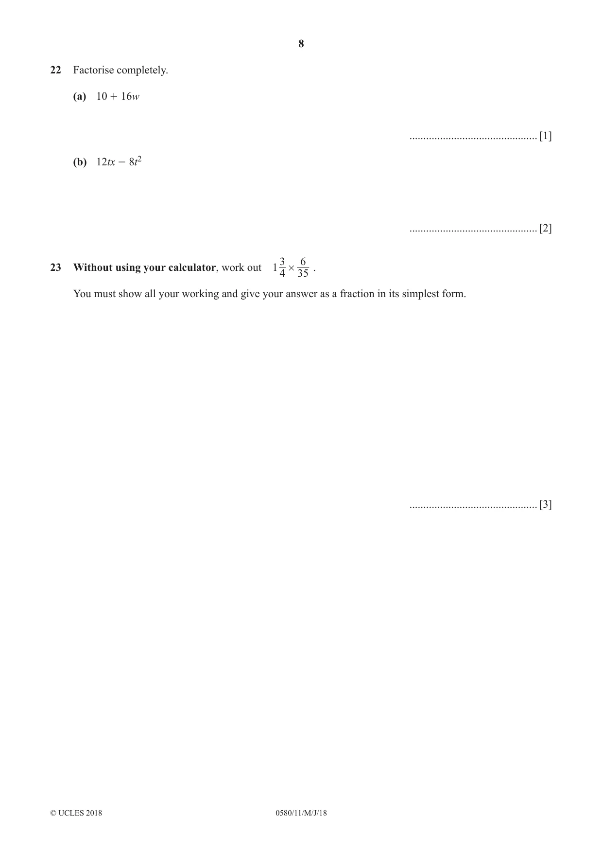 Cambridge IGCSE Mathematics 0580 2018 May/June Paper 1 · Variant 1 question paper, page 8 of 12