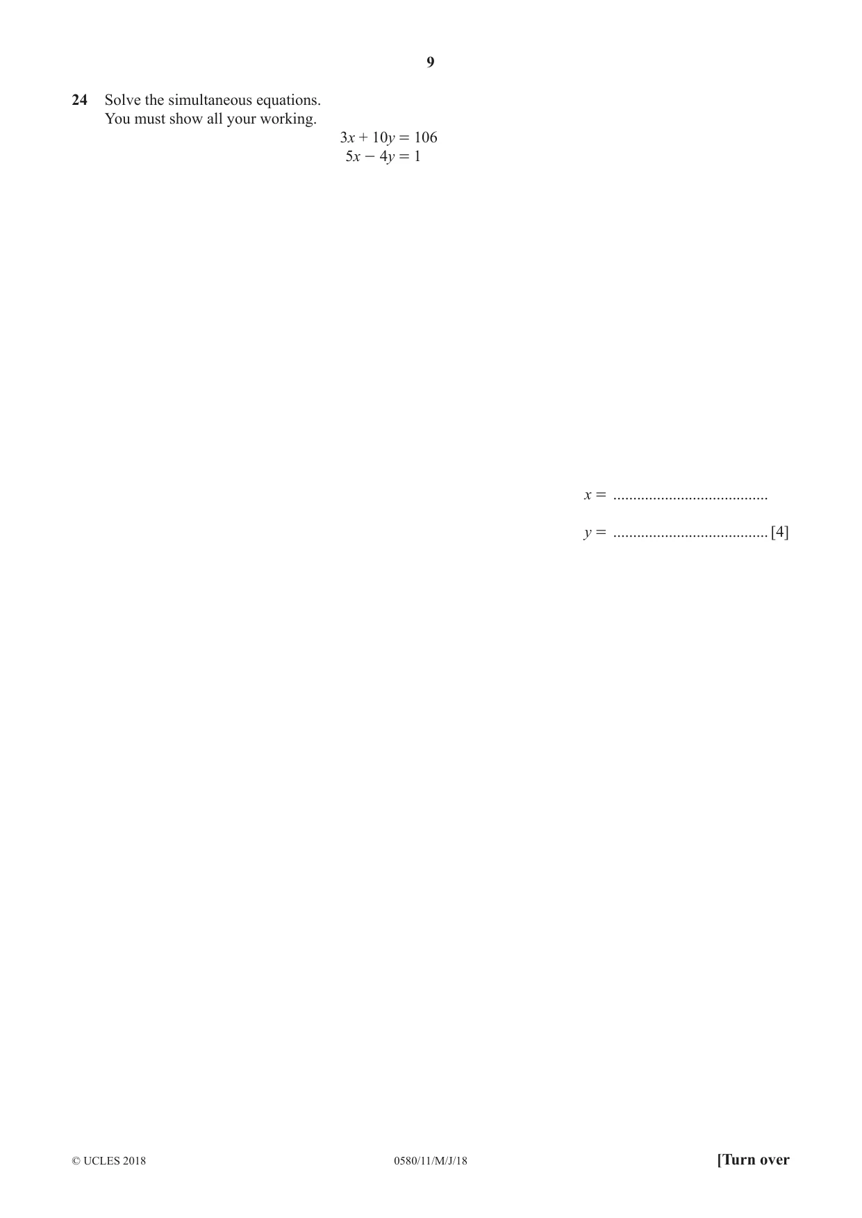 Cambridge IGCSE Mathematics 0580 2018 May/June Paper 1 · Variant 1 question paper, page 9 of 12
