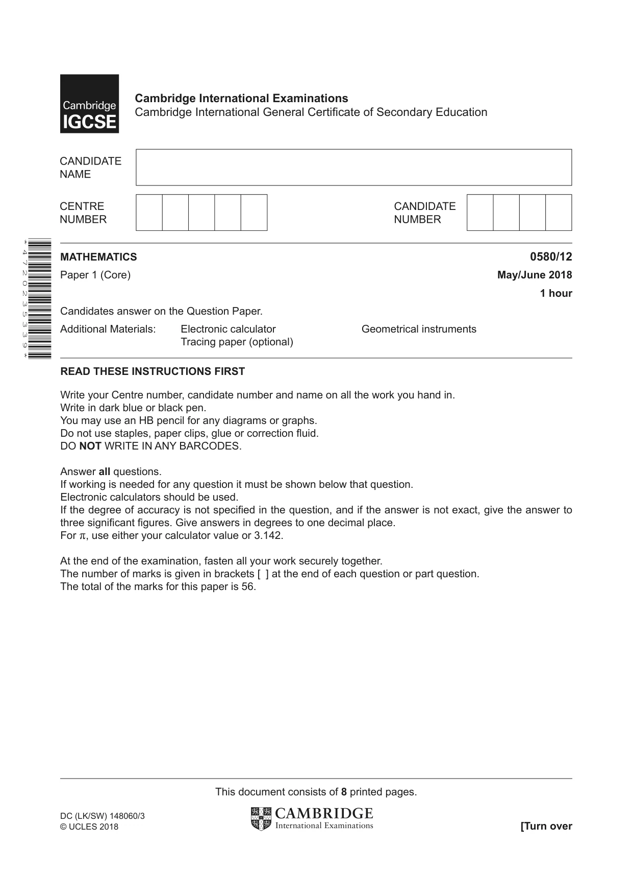 Cambridge IGCSE Mathematics 0580 2018 May/June Paper 1 · Variant 2 question paper, page 1 of 8