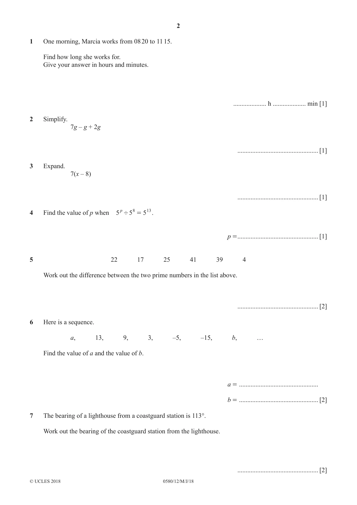 Cambridge IGCSE Mathematics 0580 2018 May/June Paper 1 · Variant 2 question paper, page 2 of 8
