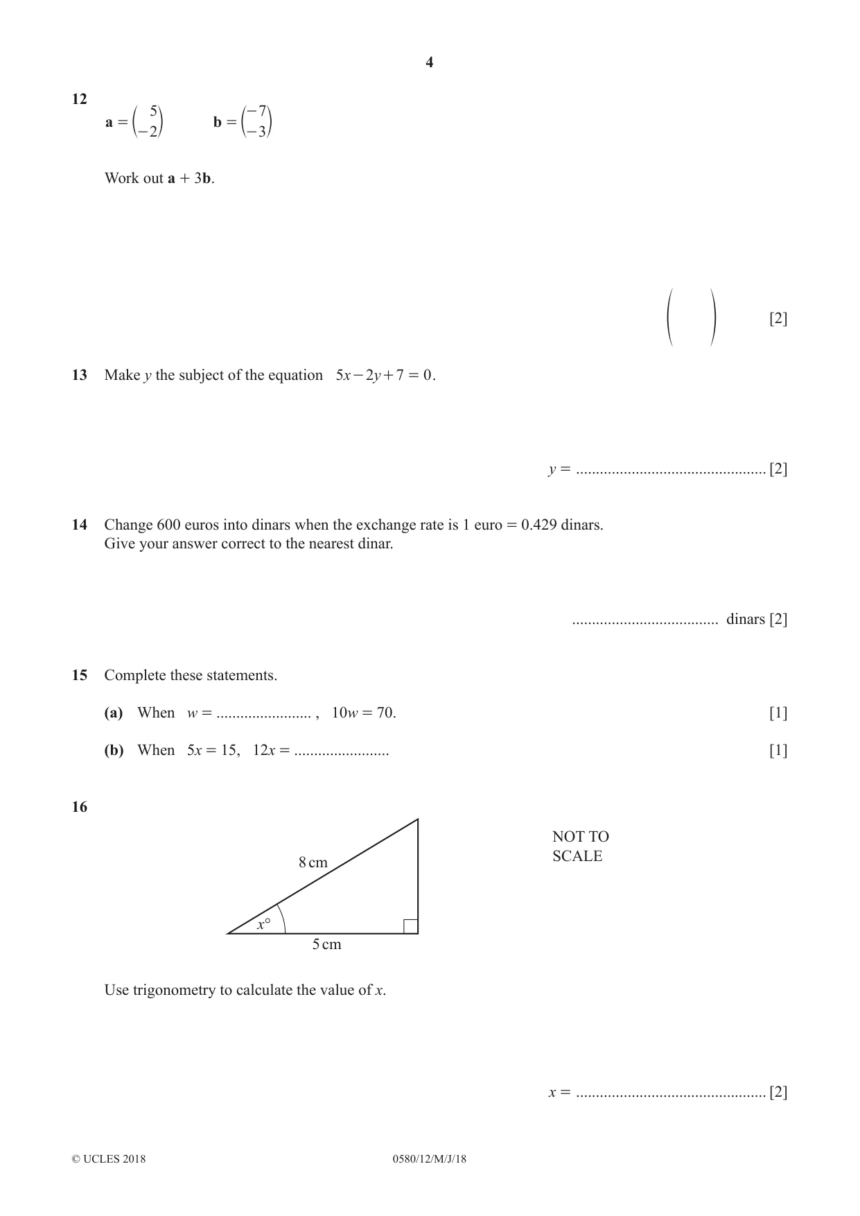 Cambridge IGCSE Mathematics 0580 2018 May/June Paper 1 · Variant 2 question paper, page 4 of 8
