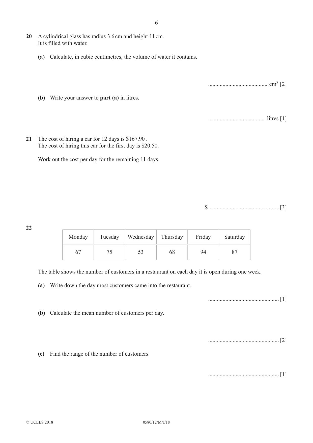 Cambridge IGCSE Mathematics 0580 2018 May/June Paper 1 · Variant 2 question paper, page 6 of 8