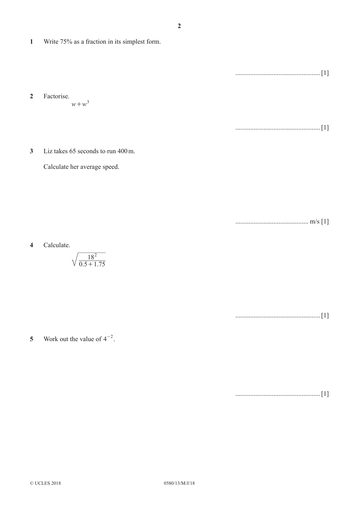 Cambridge IGCSE Mathematics 0580 2018 May/June Paper 1 · Variant 3 question paper, page 2 of 12