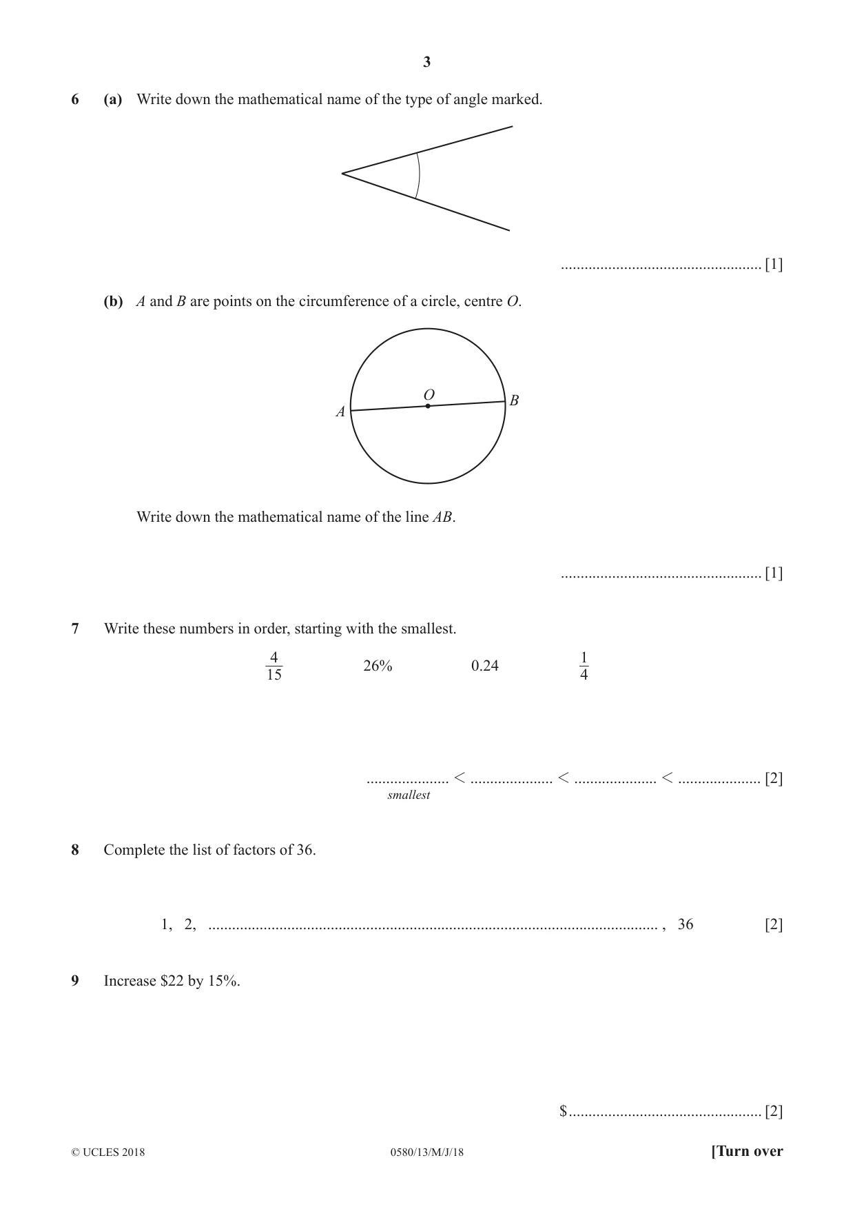 Cambridge IGCSE Mathematics 0580 2018 May/June Paper 1 · Variant 3 question paper, page 3 of 12