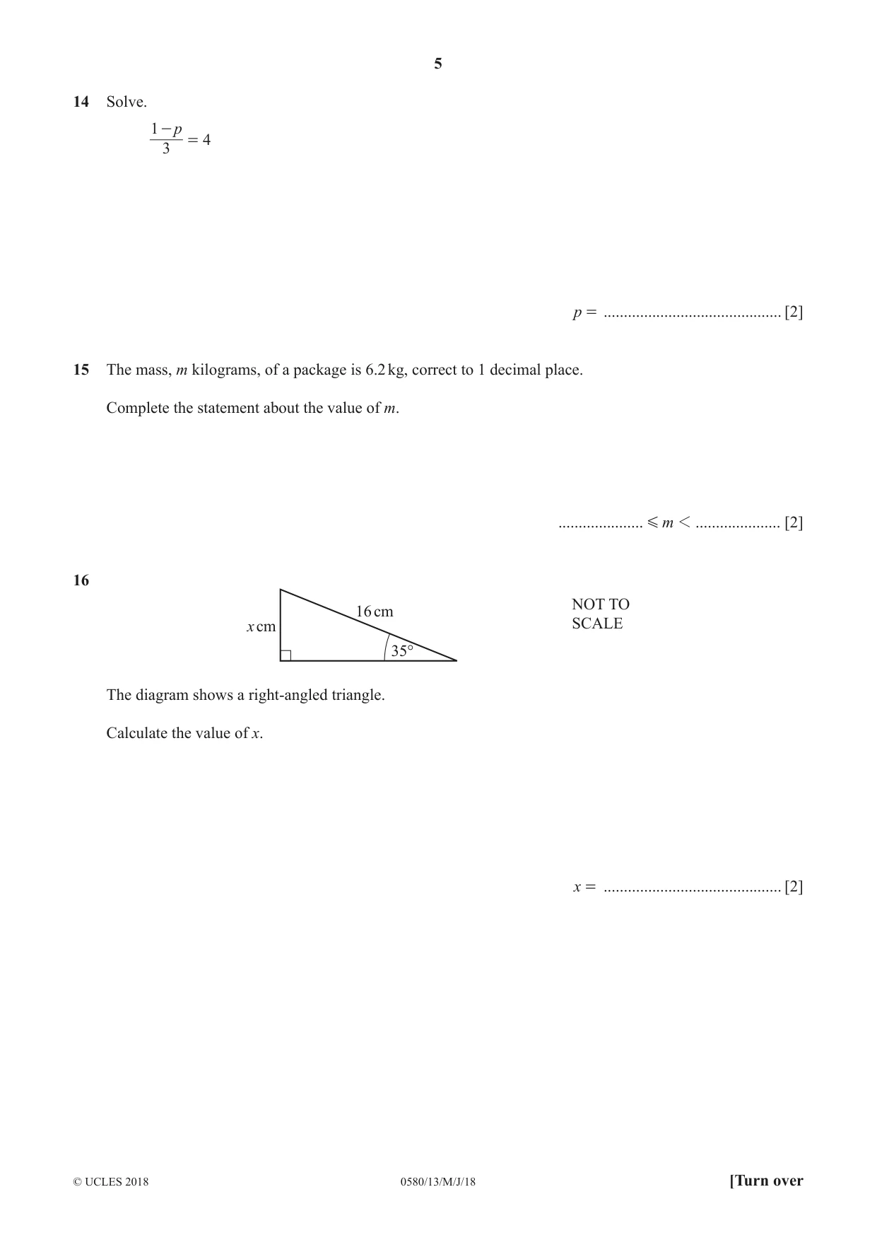 Cambridge IGCSE Mathematics 0580 2018 May/June Paper 1 · Variant 3 question paper, page 5 of 12
