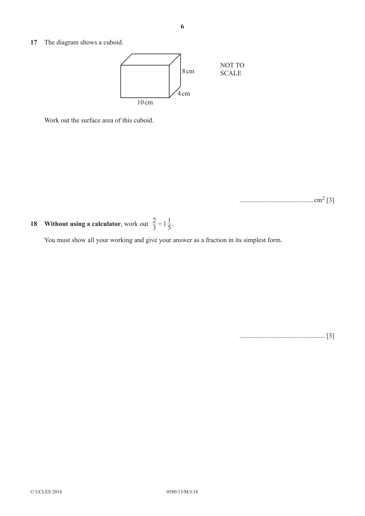Cambridge IGCSE Mathematics 0580 2018 May/June Paper 1 · Variant 3 question paper, page 6 of 12