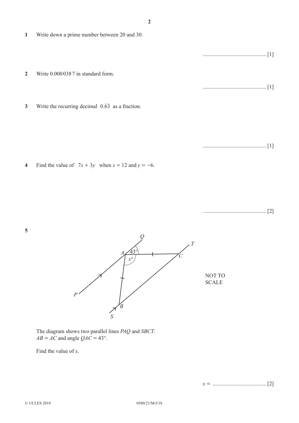 Cambridge IGCSE Mathematics 0580 2018 May/June Paper 2 · Variant 1 question paper, page 2 of 12