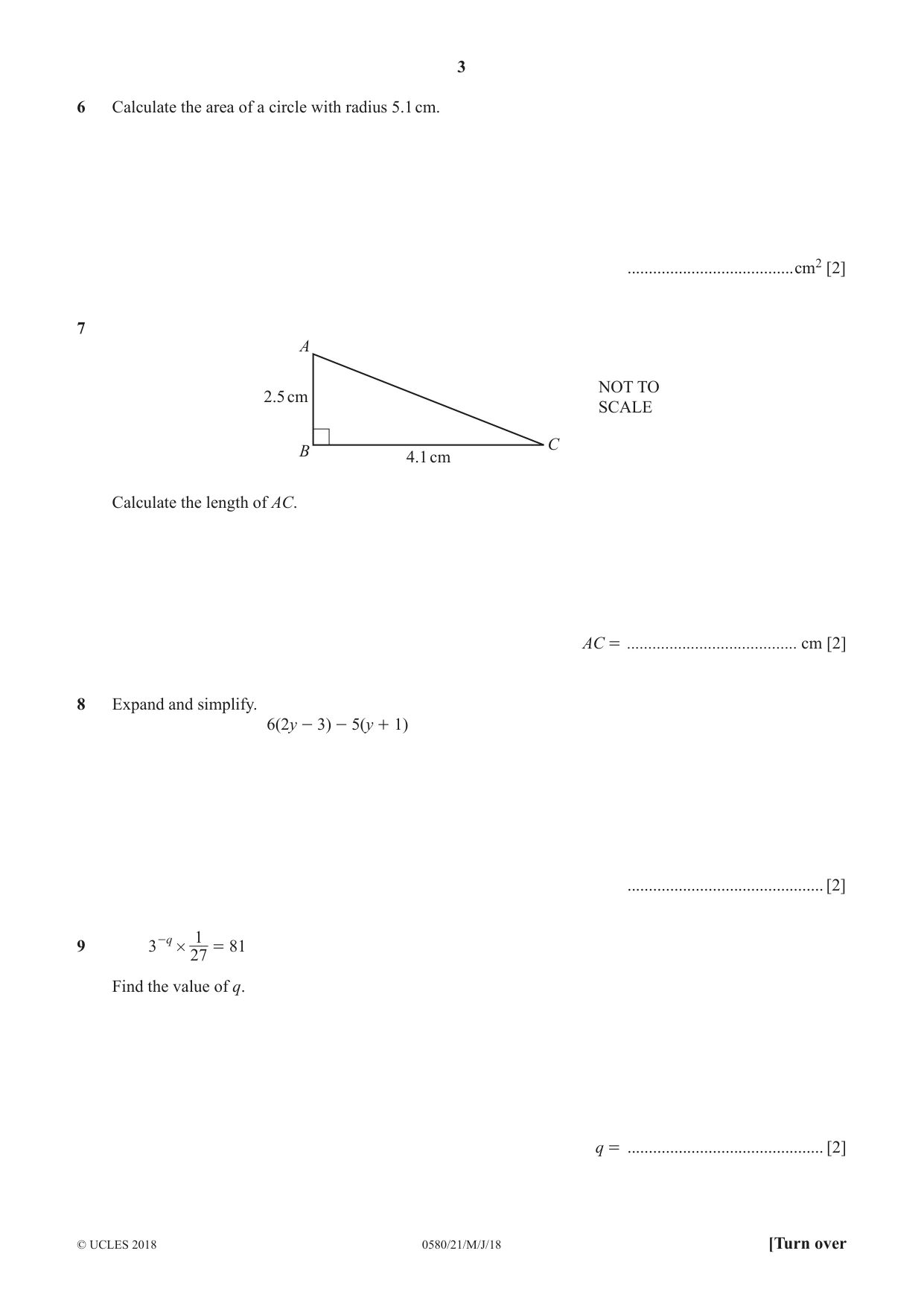 Cambridge IGCSE Mathematics 0580 2018 May/June Paper 2 · Variant 1 question paper, page 3 of 12