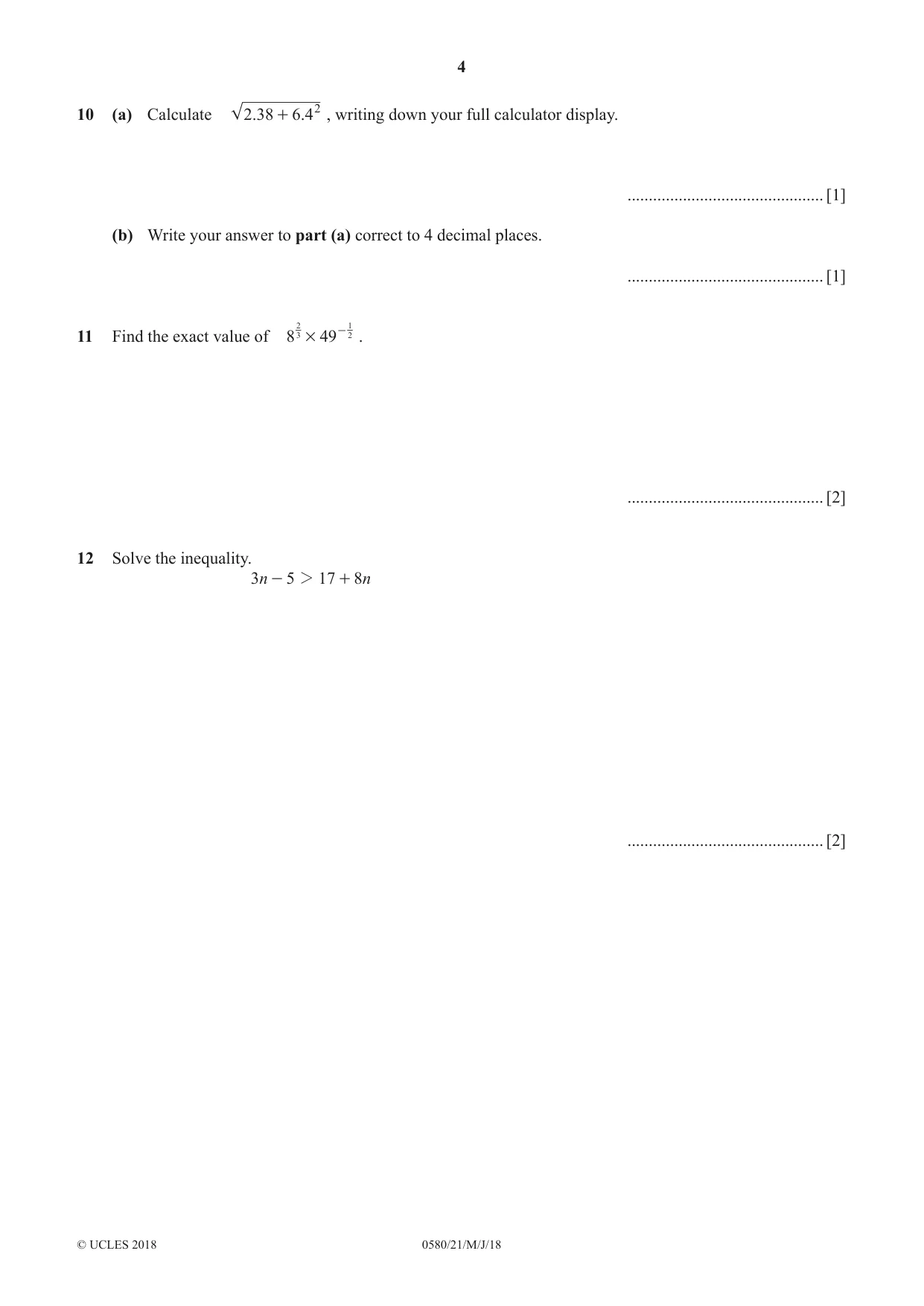 Cambridge IGCSE Mathematics 0580 2018 May/June Paper 2 · Variant 1 question paper, page 4 of 12