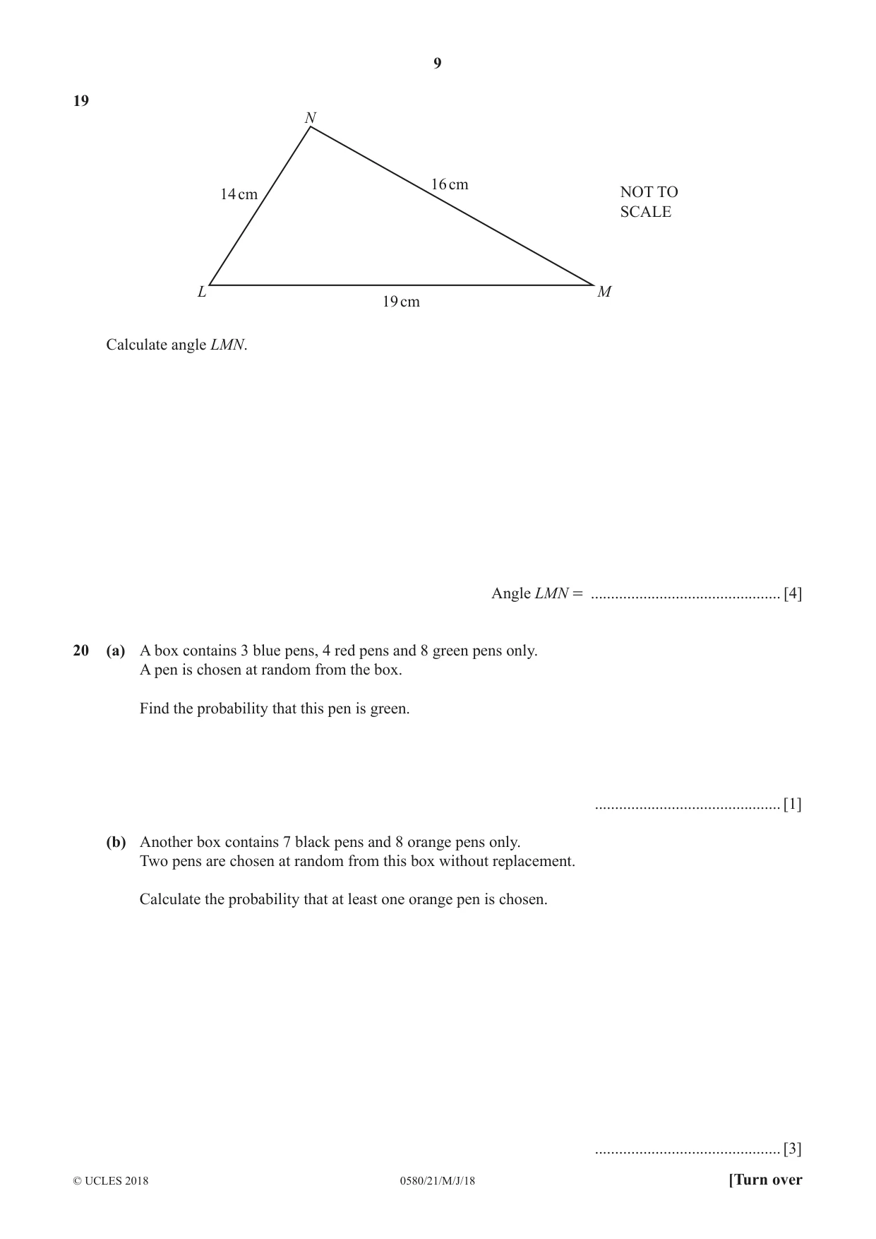 Cambridge IGCSE Mathematics 0580 2018 May/June Paper 2 · Variant 1 question paper, page 9 of 12