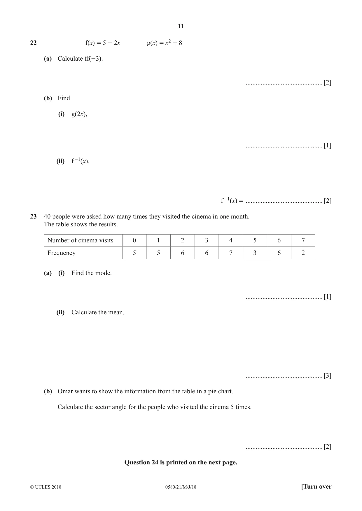 Cambridge IGCSE Mathematics 0580 2018 May/June Paper 2 · Variant 1 question paper, page 11 of 12