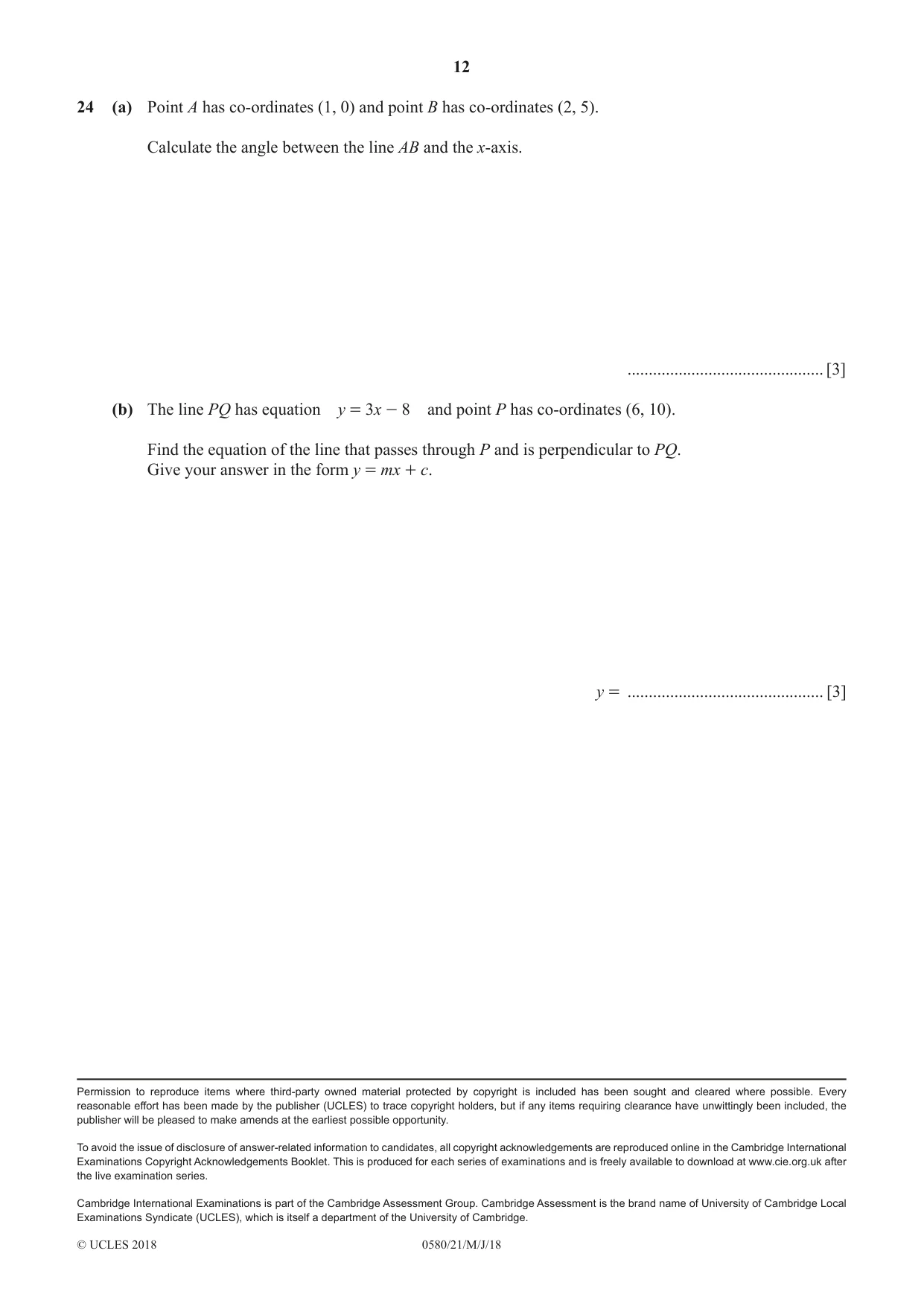 Cambridge IGCSE Mathematics 0580 2018 May/June Paper 2 · Variant 1 question paper, page 12 of 12