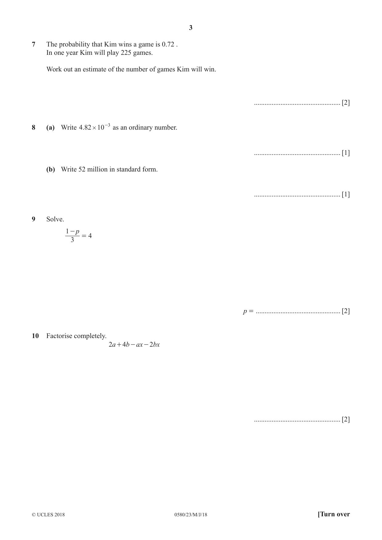 Cambridge IGCSE Mathematics 0580 2018 May/June Paper 2 · Variant 3 question paper, page 3 of 12