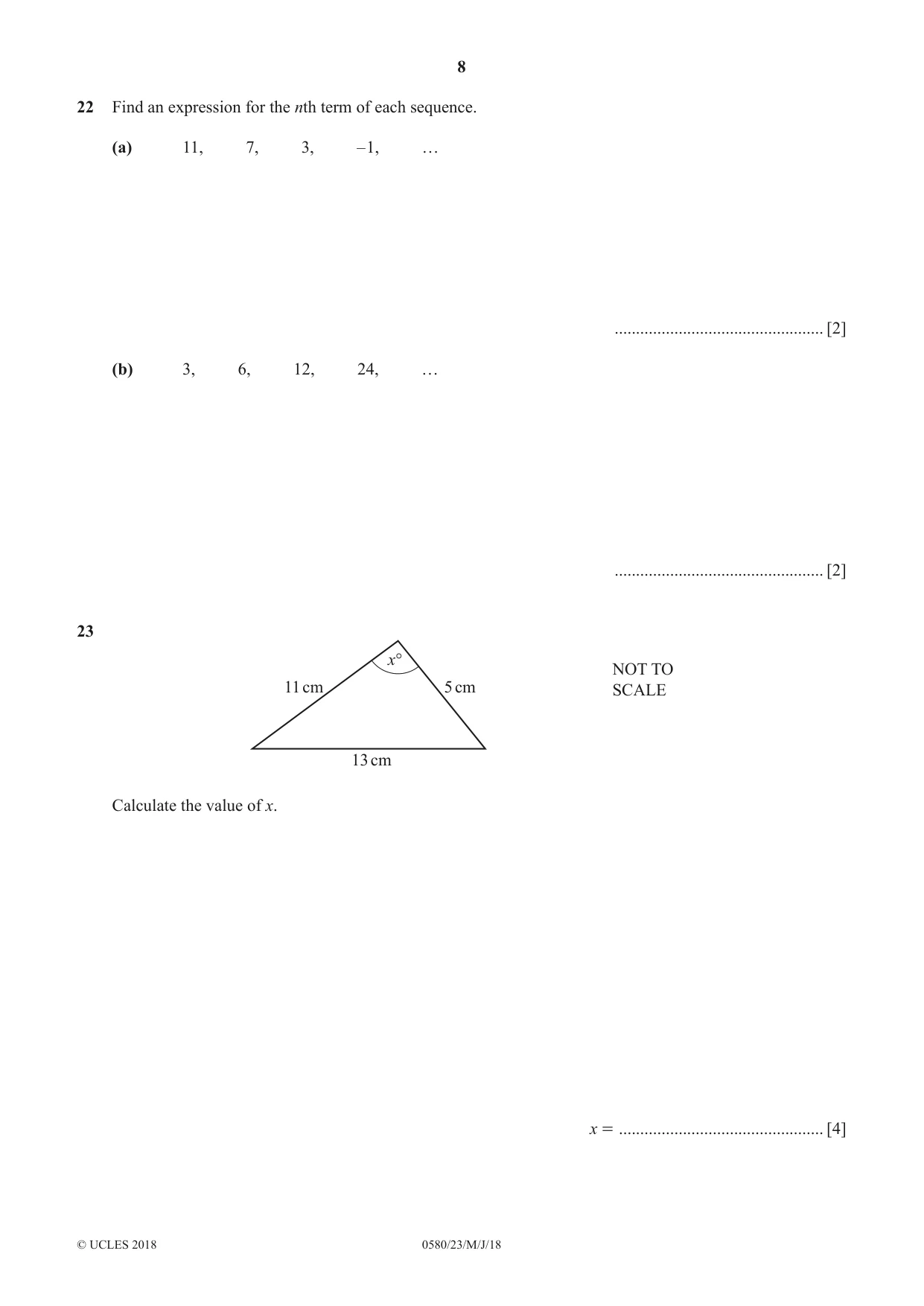 Cambridge IGCSE Mathematics 0580 2018 May/June Paper 2 · Variant 3 question paper, page 8 of 12