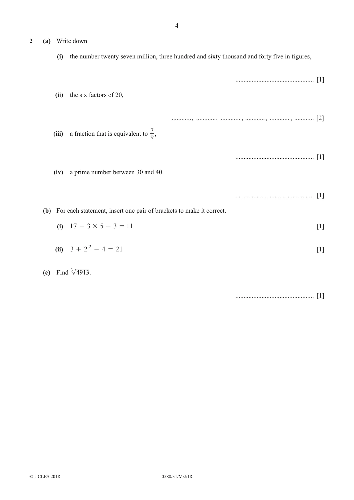 Cambridge IGCSE Mathematics 0580 2018 May/June Paper 3 · Variant 1 question paper, page 4 of 20