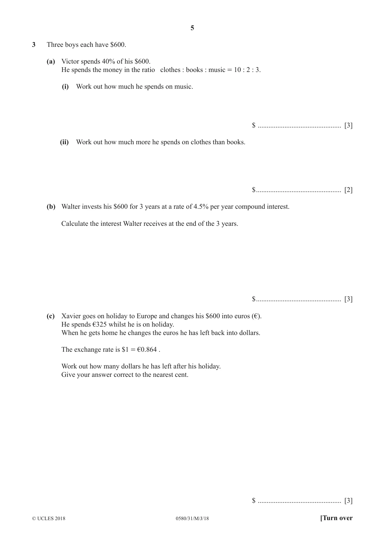 Cambridge IGCSE Mathematics 0580 2018 May/June Paper 3 · Variant 1 question paper, page 5 of 20