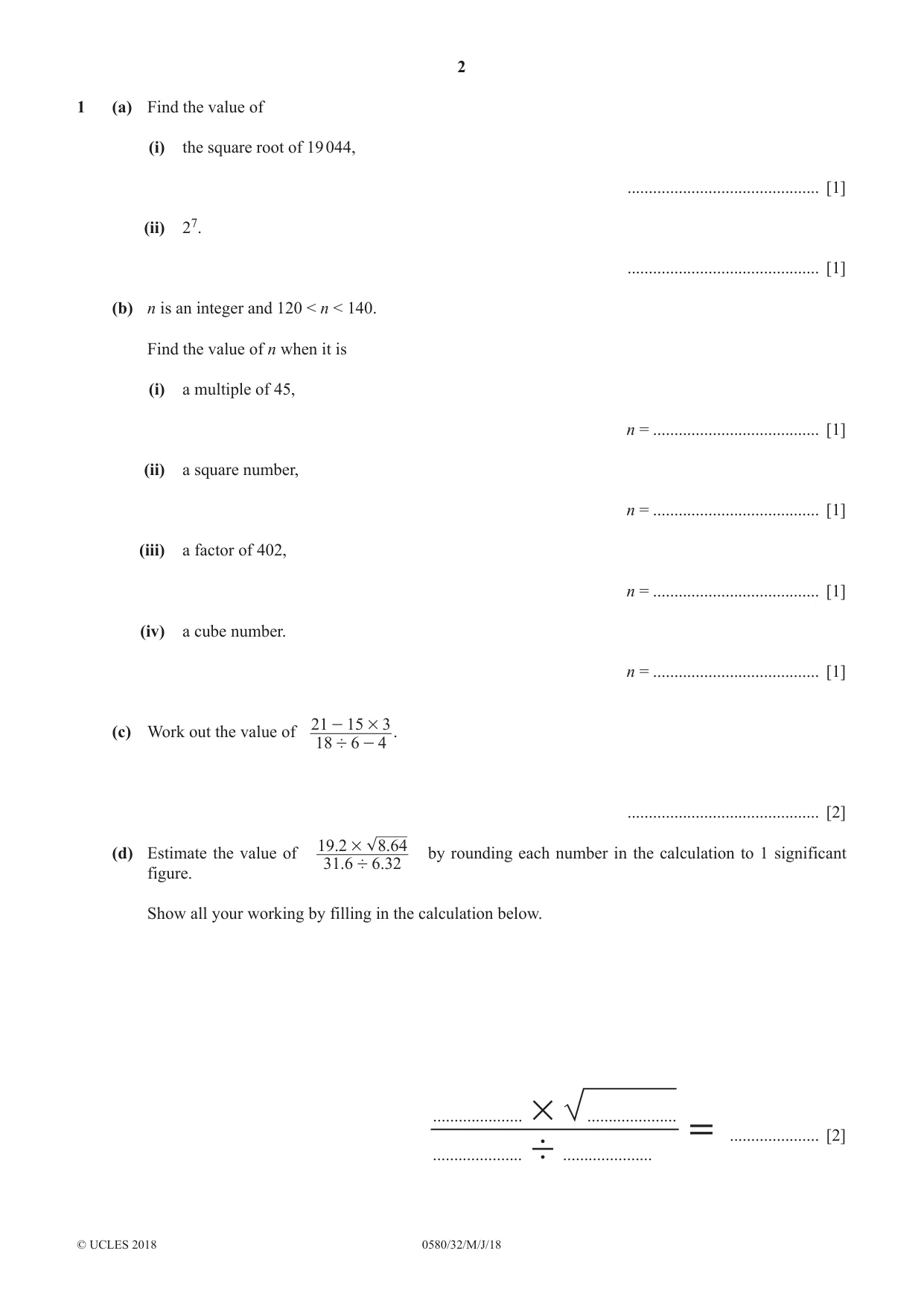 Cambridge IGCSE Mathematics 0580 2018 May/June Paper 3 · Variant 2 question paper, page 2 of 16