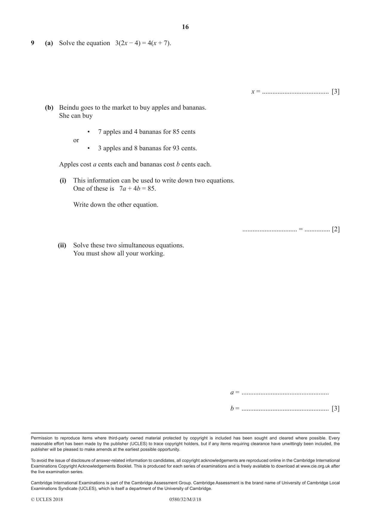 Cambridge IGCSE Mathematics 0580 2018 May/June Paper 3 · Variant 2 question paper, page 16 of 16