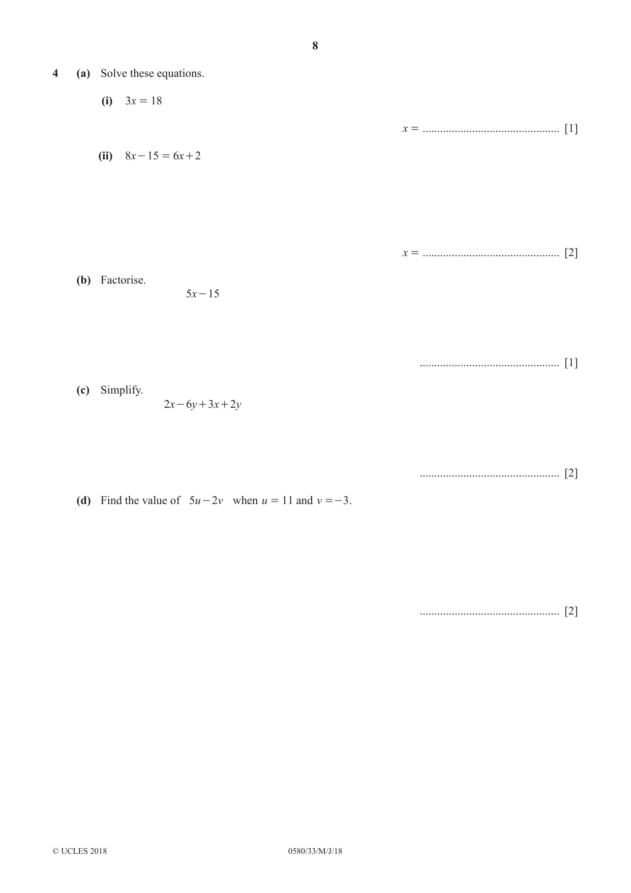 Cambridge IGCSE Mathematics 0580 2018 May/June Paper 3 · Variant 3 question paper, page 8 of 16